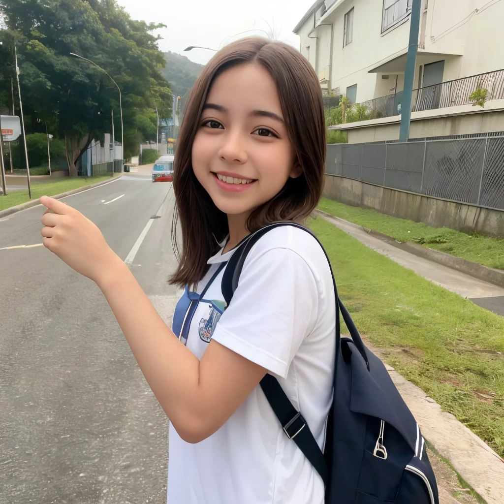 foto realista de uma jovem sorrindo  indo para a escola de mochila, ambiente escolar foto tirada um pouco distante