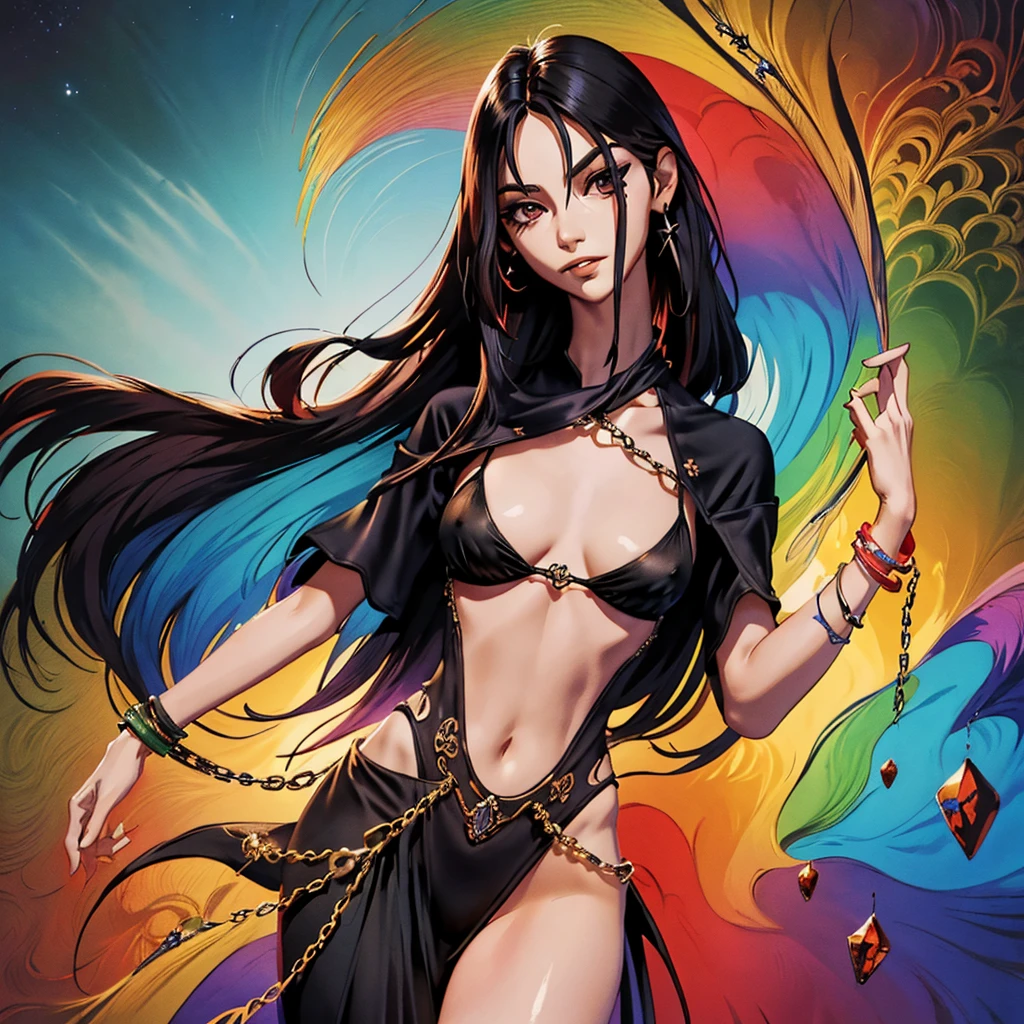 (quality, masterpiece, colorful, dynamic angle, highest detailed) (official art, extreme detailed, highest detailed)ression, extremely long straight dark hair, small breasts, tired eyes, wearing pelvic curtain, black clothes, chains, bracelets all over arms, hair in front of face, (((very slender body, petite))), haughty expression, bored, revealing clothing, chain mail bikini, visible thong straps, very long hair, hair in front of face, albedow, face covered by hair, hair between eyes,