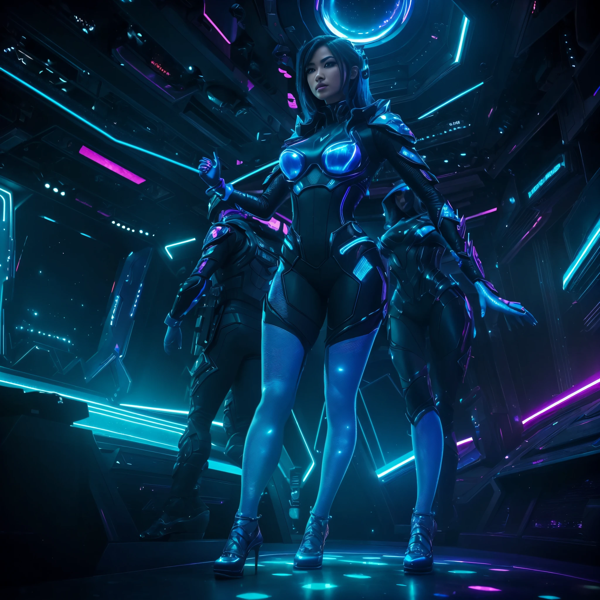 A malaysian scifi princess,age 40, seducing the viewer,scifi neon lit nightclub,stage acting seductive,crowd cheering aliens,(best quality,4k,8k,highres,masterpiece:1.2),ultra-detailed,(realistic,photorealistic,photo-realistic:1.37),HDR,UHD,studio lighting,extremely detailed eyes,beautiful detailed lips,vivid colors,portraits,sharp focus,physically-based rendering,professional,bokeh,electric blue lighting,extraterrestrial creatures,nightclub environment,alluring stage costume,dazzling holographic effects.