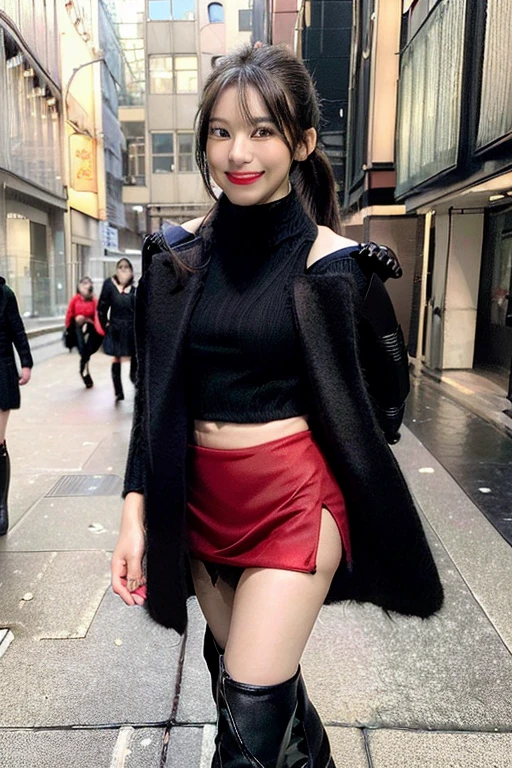 masterpiece, best quality, (best aesthetic, 16K:1.1), (hyper realistic:1.3), (ultra high res, finely detailed:1.4), (correct anatomy:1.5), pov, outdoor, noon, city, alley, 1 girl, solo, Japanese , 16 yfull body:1.2)), looking at viewer, black hair, (ponytail:1.4), detailed skin, dark eyes, (narrow eyes:1.4), detailed nose, (tall nose:1.2), detailed lips, lipstick, (light smile:1.5), ((walking:1.3)), (skinny:1.1), (beautiful breast:1.2), (tall:1.3), ((black coat:1.4)), ((red sweater, wedgie sweater:1.3)), ((mini skirt, black skirt, boots:1.5))