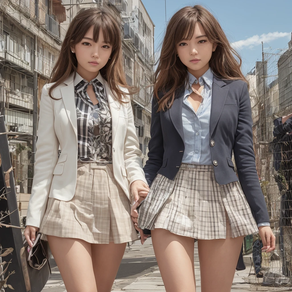 {{,Caucasians}}, looking at viewert, hazel eyes, The is very detailed, medium, brown hair, aerodrome, Stewardeslue blazer, tiese, blue skirtidskirt, pencil skirtlue high heels, cheerfulnesest quality at best, high qulity, extremely detailed anime screencap, {{{crowed, multipel Girls, thousands of sisterillions of sisterillions of sisters, clone, Doppelganger, Match outfitatching hairstyle}}}}, full bodyesbian