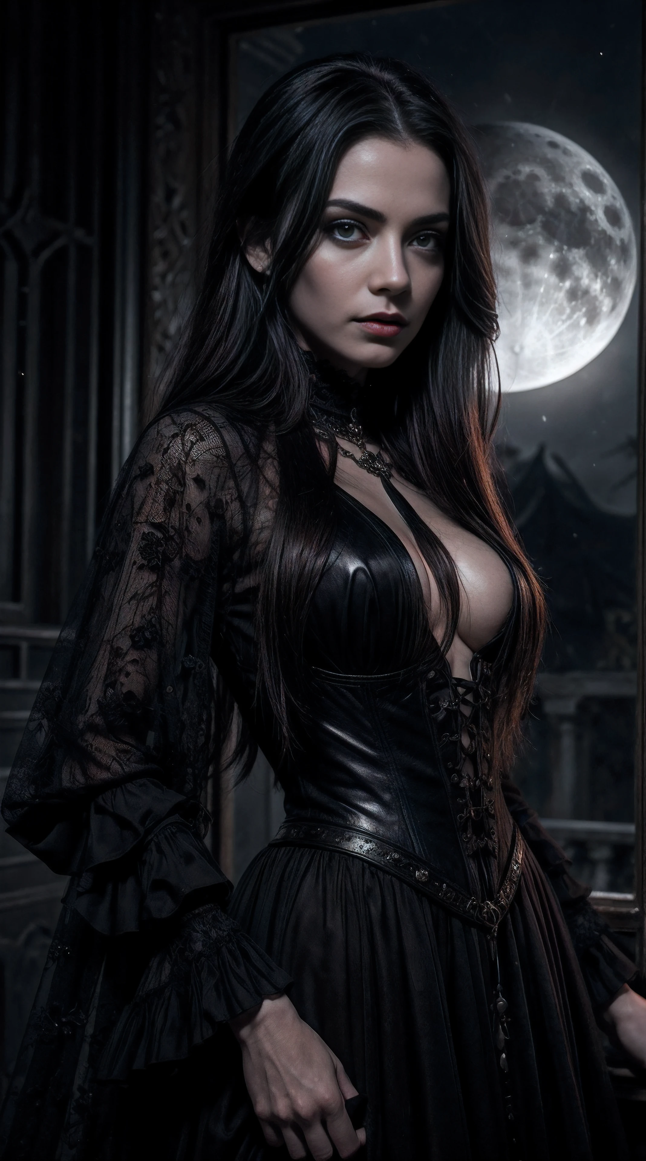 (Beautiful vampire, Tim Burton's style),(full moon),(full - body),(blood on the face),(Dark Fantasy),(ssmile, demonstration of the coolest qualities,4k,hight resolution),(Ultra-detailed),(Realistic:1.37),(HDR),(Side hustle),(physical based rendering),(Extremely detailed eyes and face),(long eyelashes),(Night with dark tones),(ominous vibe),Appendix to (SINISTER, seductive) Personality. The art style is a combination of (Realistic, Photorealistic) pa (Dark, surreal) Fantasy elements, with (Rich, Vibrants) Color, Evoking feelings of hysteria, intrigue) pa (Danger, excitement). illumination (A thin, dramatic), with (soft, ethereal) moon light, Casting shadows, pa (mysterious, eldritch) Glow on the porcelain skin of a vampire.