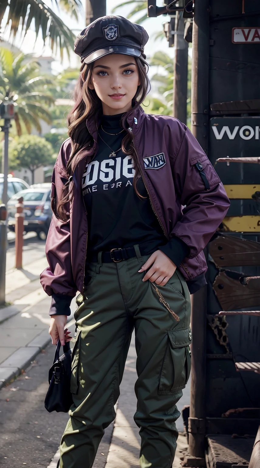 19-year-old woman、Hair color is a gradation of brunette and purple、Eye color is blue、Longhaire、hair is wavy、setting the hairstyle、wearing eye shadow and lipstick、accessories on wrist、Slender but well-proportioned muscular body、a smile、wearing a jungle fatigue jacket、I&#39;m wearing cargo pants、I have my hands in my pockets、Wearing a patrol cap、a smile