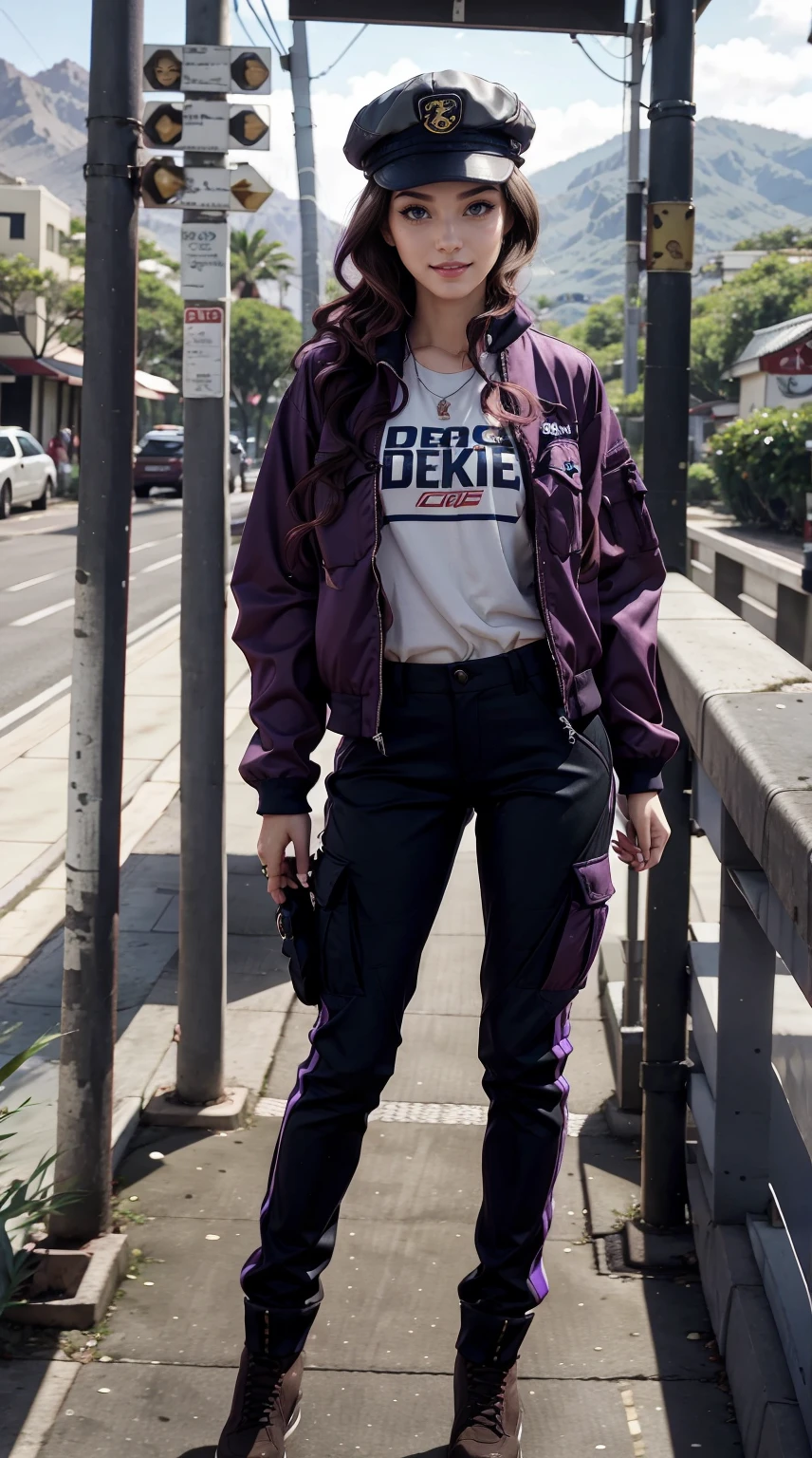 19-year-old woman、Hair color is a gradation of brunette and purple、Eye color is blue、Longhaire、hair is wavy、setting the hairstyle、wearing eye shadow and lipstick、accessories on wrist、Slender but well-proportioned muscular body、a smile、wearing a jungle fatigue jacket、I'm wearing cargo pants、I have my hands in my pockets、Wearing a patrol cap、a smile