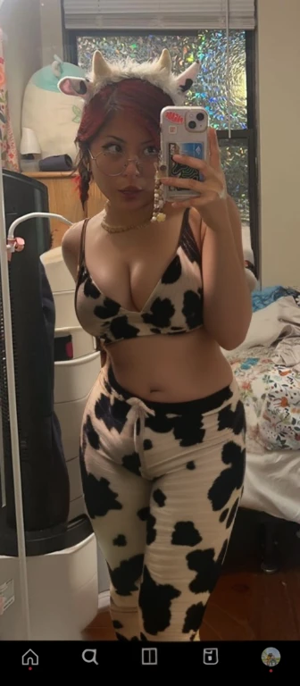 woman in cow print pants taking a selfie in a mirror, campy. cow costume with udders, 2 4 year old female model, coirl, 2 , 2 3 years oldwo - piece swimsuit, 21 years old, she has a jiggly fat round belly, 3 0 years old woman, 30 years old woman, mirror selfie, beautiful girl, big ass, huge ass, bbw, from behind, thick, thick thighs, wide hips, bbw, big tits, sideboob, thick nipples, large areola, filipina, cute, chubby stomach, nipples poking out