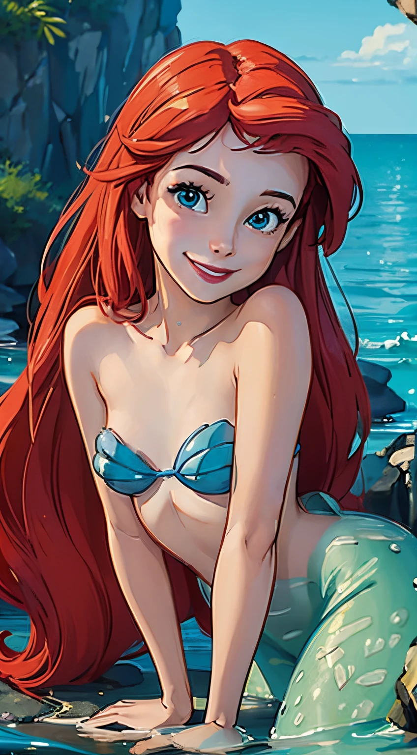 (((masterpiece))), 4K HD detail image, Ariel, innocent smile, mermaid, inside water, in deep ocean, oceanic deep scenery,