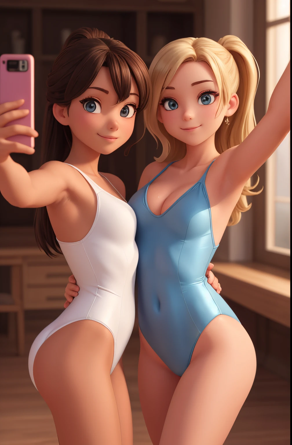 2 girls , tight leotard, small breasts   random hair styles, beautiful, perfect skin, 8k resolution, perfect lighting, perfect face, perfect shading, extreme detail, shining, tanned skin, bright lighting, taking selfie, humping