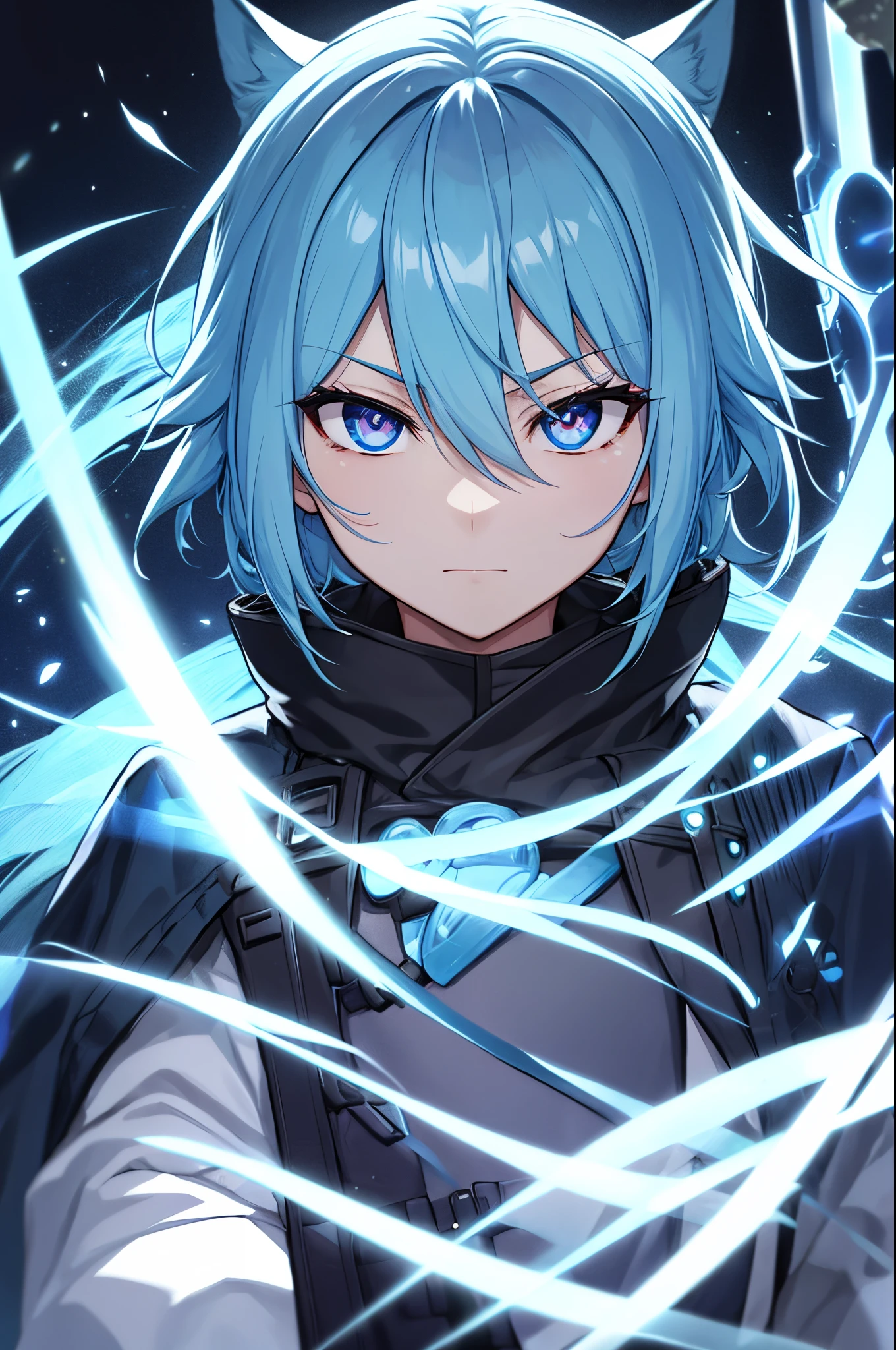 A man wearing a black suit, Holding a tachi and a wakizashi in his hand, keyframe, Has a masculine human face,covered with light 。Have a blue head,Short human shoulder length hair with white stripes,no shape。Have a pair of ordinary human eyes,Sky blue irises are round,Black pupils are round,There are also aqua-colored sclera。Have a pair of ordinary human ears,covered with light 。No trace of facial hair, Eyes glow sky blue。