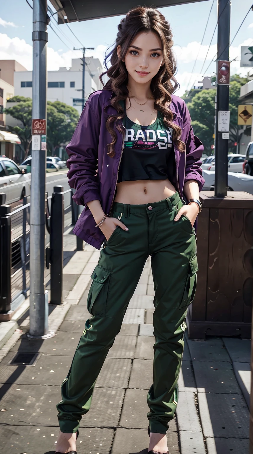 19-year-old woman、Hair color is a gradation of brunette and purple、Eye color is blue、Longhaire、hair is wavy、setting the hairstyle、wearing eye shadow and lipstick、accessories on wrist、Slender but well-proportioned muscular body、My abs are cracked、a smile、Wearing a green jungle fatigue jacket、I'm wearing cargo pants、I have my hands in my pockets、a smile