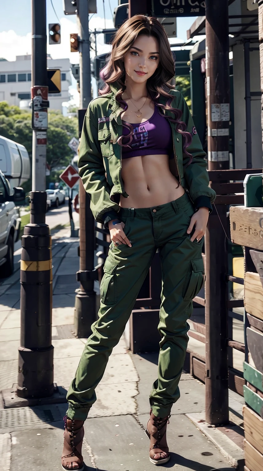 19-year-old woman、Hair color is a gradation of brunette and purple、Eye color is blue、Longhaire、hair is wavy、setting the hairstyle、wearing eye shadow and lipstick、accessories on wrist、Slender but well-proportioned muscular body、My abs are cracked、a smile、Wearing a green jungle fatigue jacket、I'm wearing cargo pants、I have my hands in my pockets、a smile