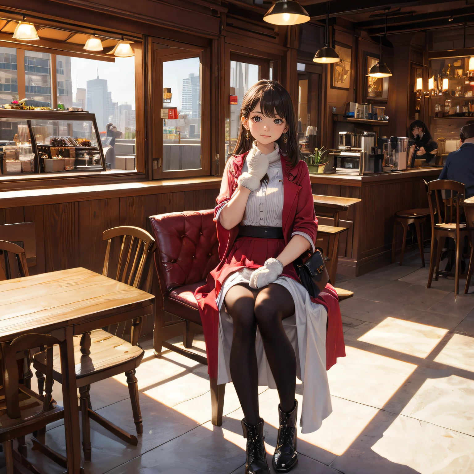 high-definition images, atmospheric perspective, 8k, super detail, accurate, best quality, angle from below, a woman, drooping eyes, blush, in the city, she has a plastic bag, food track, busy, skyscrapers, snowing, (white breath), (long skirt), thick tights, high boots, shoulder bag, mittens, tiny earrings, coffee shop with large windows overlooking the street, takes a seat,