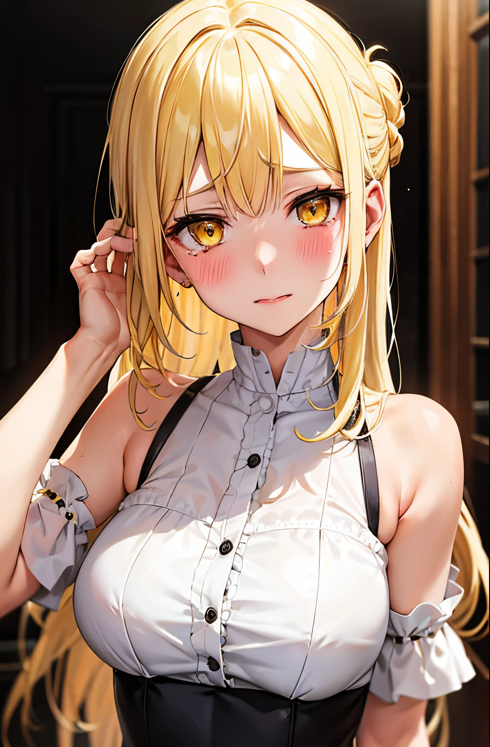 masutepiece, Best Quality, 1girl in,Shoot a girl head-on, Looking at Viewer, Cute, Bra, medium breasts, Yellow eyes,  Behind Wallenstein,  Yellow hair, Long hair, Beautiful detailed eyes, embarrassed,red blush,is crying,Put your hands on your head,Armpit, full of sweat,(Upper body:1.3), robe blanche,Toilet background, ((mistress, Authority))