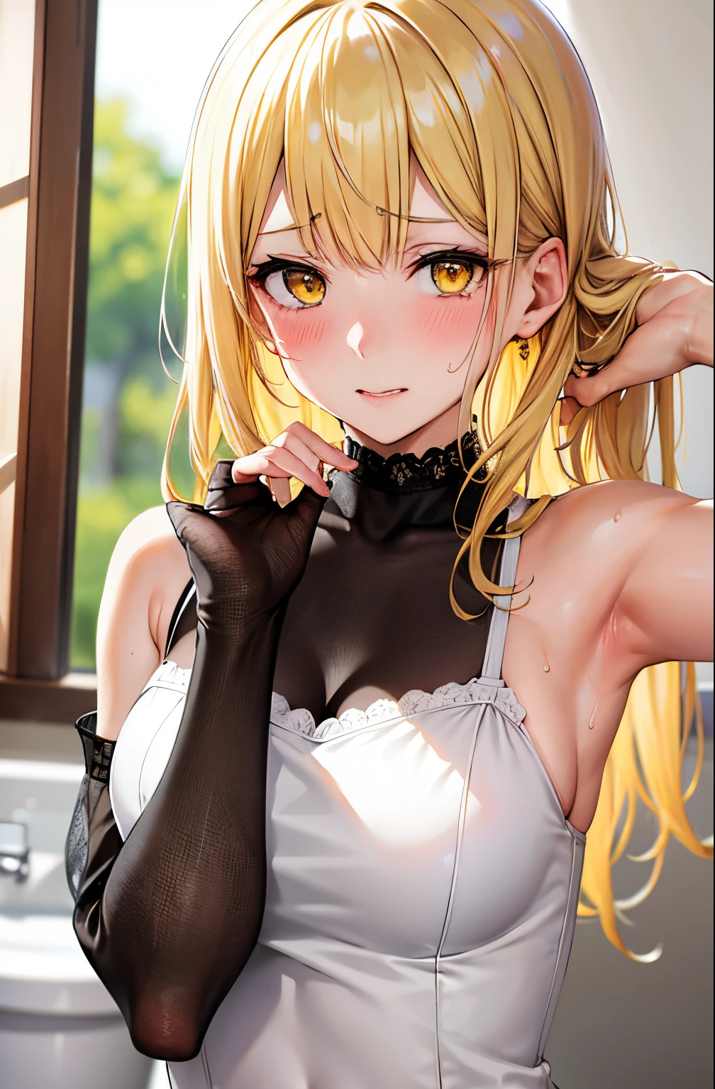 masutepiece, Best Quality, 1girl in,Shoot a girl head-on, Looking at Viewer, Cute, Bra, medium breasts, Yellow eyes,  Behind Wallenstein,  Yellow hair, Long hair, Beautiful detailed eyes, embarrassed,red blush,is crying,Put your hands on your head,Armpit, full of sweat,(Upper body:1.3), robe blanche,Toilet background, ((mistress, Authority))