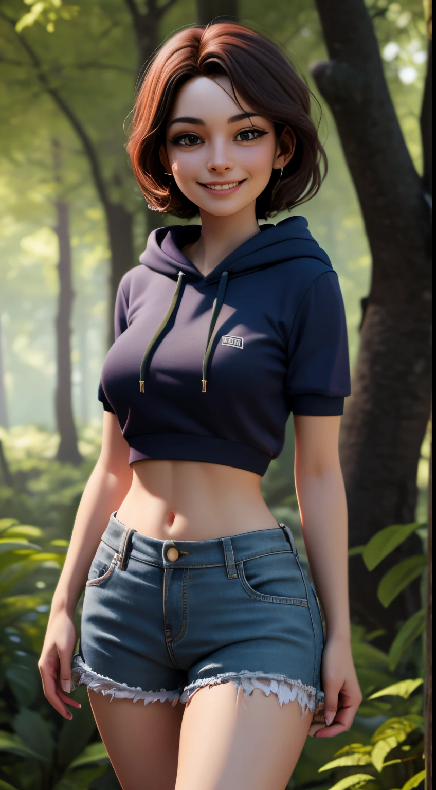 high quality 3d image of close up,smiling,looking at the camera,masterpiece,high detail,shorts,hoody,in a forest,exposed midriff,standing,