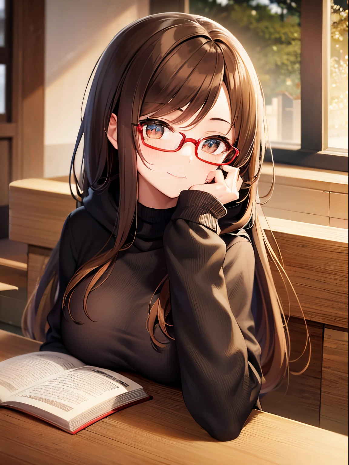 girl with,Brown hair,Amber eyes,length hair,top-quality,Red Frame Glasses,Pupils,Winters,Black sweater,hoods,Gentle smile,resturant,Sitting together,relax