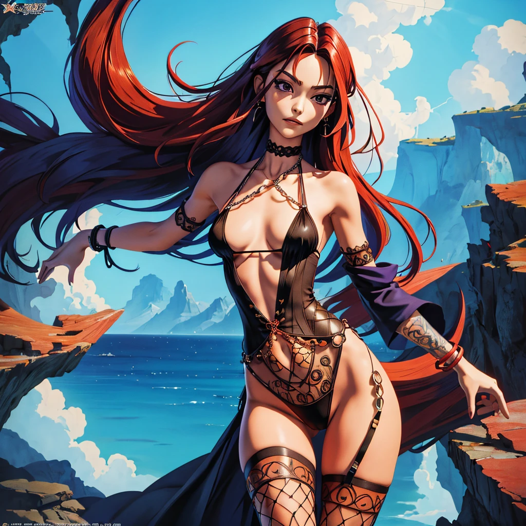 NSFW (((masterpiece+best quality+high resolution+ultra-detailed))), nude woman with wavy shoulder-length hair, Red Sonja, muscular, angular face, ((red pubic hair)), proud, chainmail, leather boots, sword belt, sword, tropical beach background, blue sky, clouds, dynamic angle and posture.