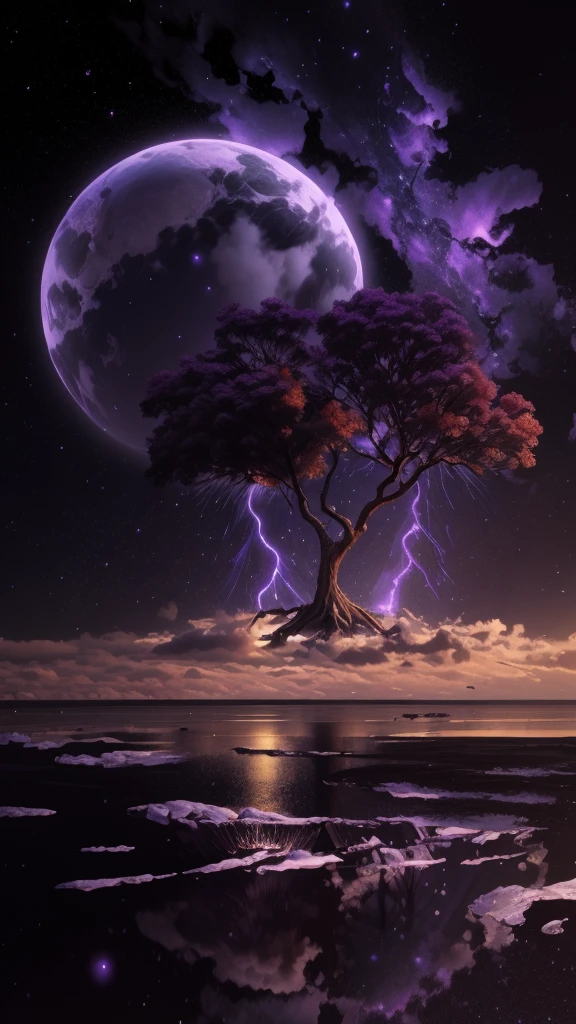 tree and night and starry sky, the landscape is in shades of purple and green, night sky, estrelas brilhantes, a beautiful and well detailed tree