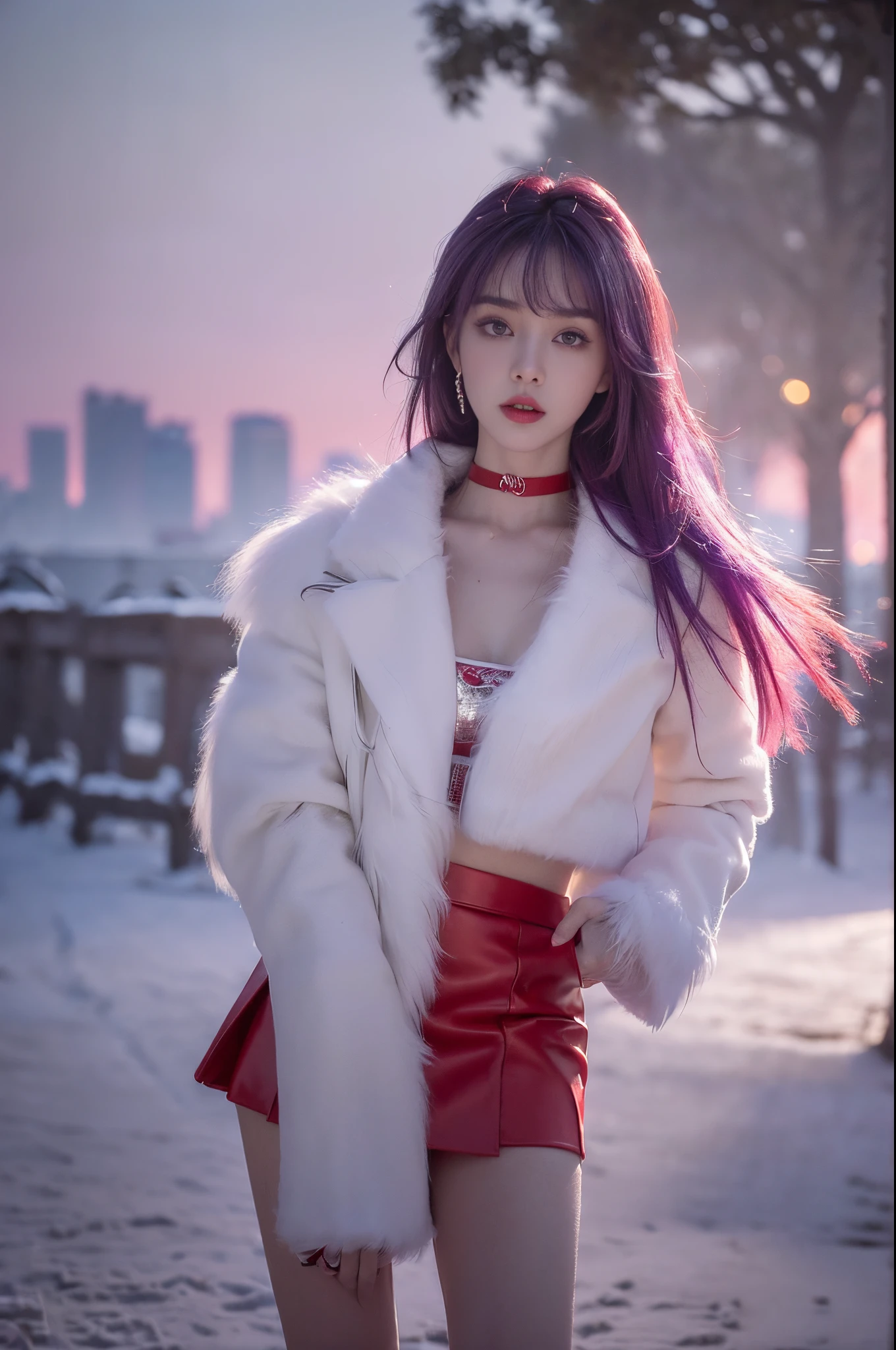 (quality, tmasterpiece,Best quality at best:1.2, tall_settle:1.2,hyper-detailing:1.2,Extreme Quality,Focus sharp,A high resolution, gentlesoftlighting,Best quality at best,ultra - detailed), (1 girl, Alone, asiagirl, Purple colored hair, Colorful hair, heavy makeups, Be red in the face:1.2, (:1.2, Willow waist:1.2)), (full bodyesbian:1.5) (, sexy for, (white furry jacket, Collar, choker necklace, ((Chopping:1.2, )), ((Short red skirt:1.2)), jewely, (Permanent, (view over city, the street, The tree, Winters, dust), dream-like, (beautiful light up:1.2),
