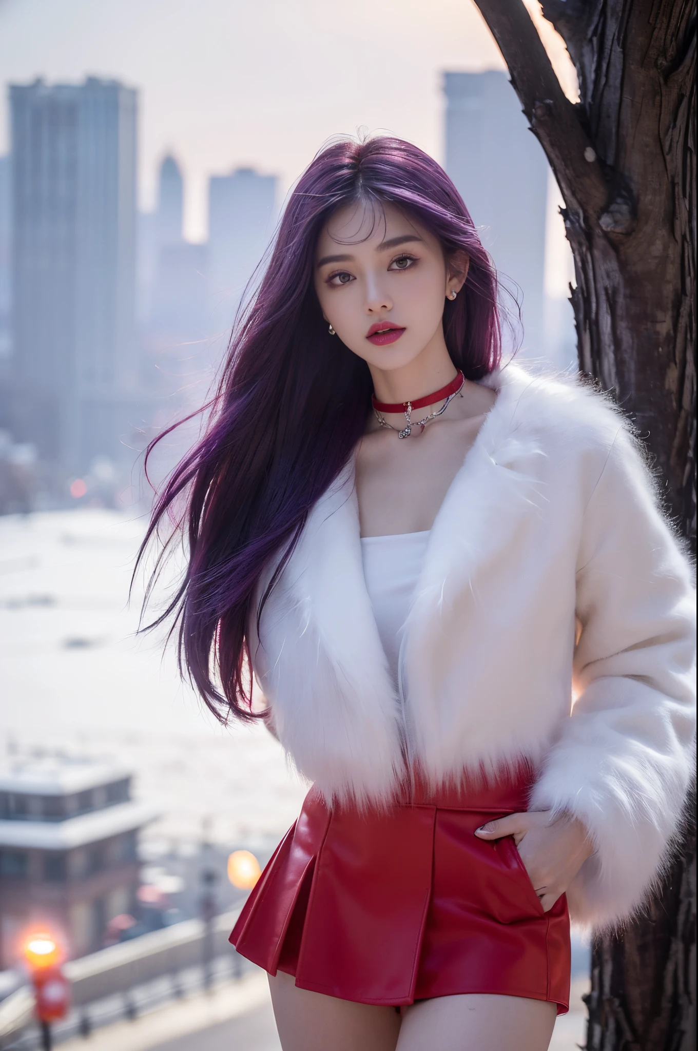 (quality, tmasterpiece,Best quality at best:1.2, tall_settle:1.2,hyper-detailing:1.2,Extreme Quality,Focus sharp,A high resolution, gentlesoftlighting,Best quality at best,ultra - detailed), (1 girl, Alone, asiagirl, Purple colored hair, Colorful hair, heavy  makeups, Be red in the face:1.2, (:1.2, Willow waist:1.2)), (full bodyesbian:1.5) (, sexy for, (white furry jacket, Collar, choker necklace, ((Chopping:1.2, )), ((Short red skirt:1.2)), jewely, (Permanent, (view over city, the street, The tree, Winters, dust), dream-like, (beautiful light up:1.2),