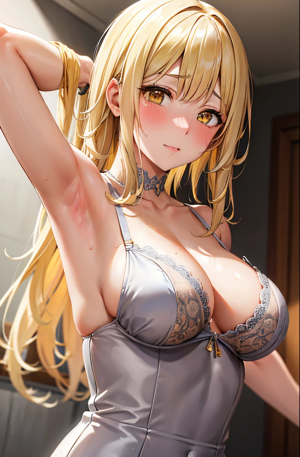 masutepiece, Best Quality, 1girl in,Shoot a girl head-on, Looking at Viewer, Cute, Bra, medium , Yellow eyes, Behind Wallenstein, Yellow hair, Long hair, Beautiful detailed eyes, embarrassed,red blush,is crying,Put your hands on your head,Armpit, full of sweat,(Upper body:1.3), robe blanche,Toilet background, ((mistresrity))、((Under the armpits))