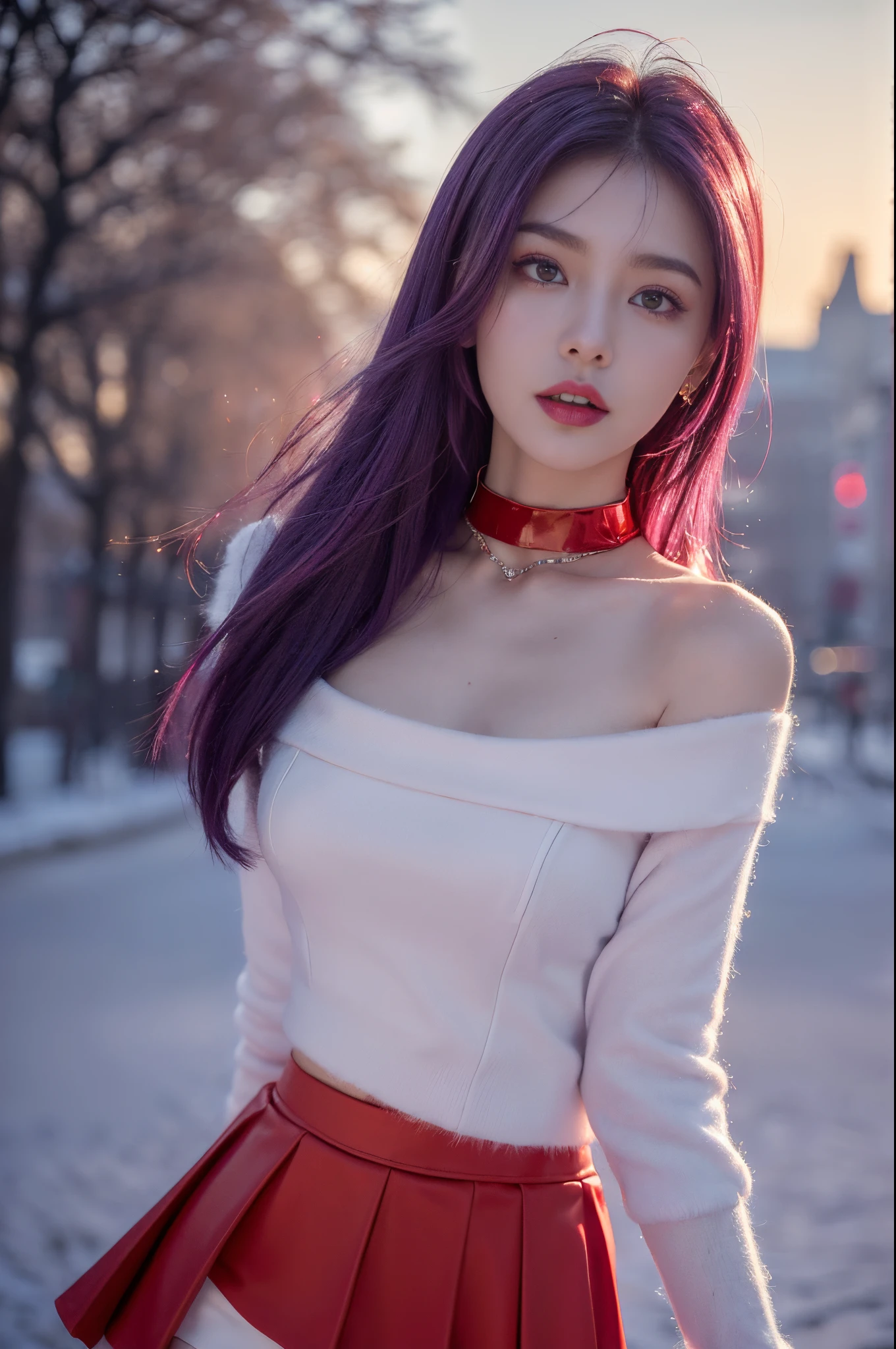 (quality, tmasterpiece,Best quality at best:1.2, tall_settle:1.2,hyper-detailing:1.2,Extreme Quality,Focus sharp,A high resolution, gentlesoftlighting,Best quality at best,ultra - detailed), (1 girl, Alone, asiagirl, Purple colored hair, Colorful hair, heavy  makeups, Be red in the face:1.2, (:1.2, Willow waist:1.2)), (full bodyesbian:1.5) (, sexy for, (white furry jacket, Collar, choker necklace, ((Chopping:1.2, )), ((Short red skirt:1.2)), jewely, (Permanent, (view over city, the street, The tree, Winters, dust), dream-like, (beautiful light up:1.2),