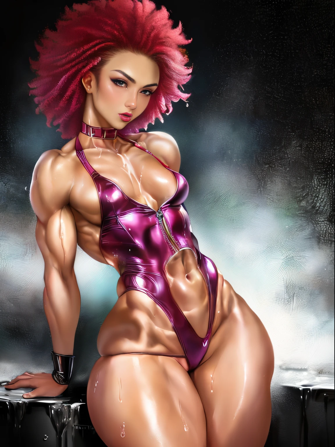 Realistic Huang Tingting, Exquisite fluffy red afro, The middle view is , delicate skin, Detailed body, Muscular, Alone, (Wear Glitter Latex Glitter Leather Micro Short Low Rise Panttremely, Thigh thick, Wide hips, muscular arms, they have many, bulging veins in the body, vein, muscle veins, Abs, Thigh thick, eBlue eyes, Natural skin texture,(Hollow out revealing slender and toned abdominal muscles),Skin glows, Skin glows, Wet skin, soaking, Skin glows, oilly skin, in the mediterranean, hight contrast, Realistic skin, skin pore, intricately details, with black background, hight contrast, Realistic skin, skin pore, intricately details, RAW photos, , glossy lips, lusciouslips, pretty nose, lifelike rendering, Immersive atmosphere, lightand shade contrast, Moody light, (Perfect female body, Realistic skin, skin pore,miniskirt buttons,zippericro mini ultra high leg swimsuit,Hollow ultra-small micro one-piece swimsuit),Unzip unzippered