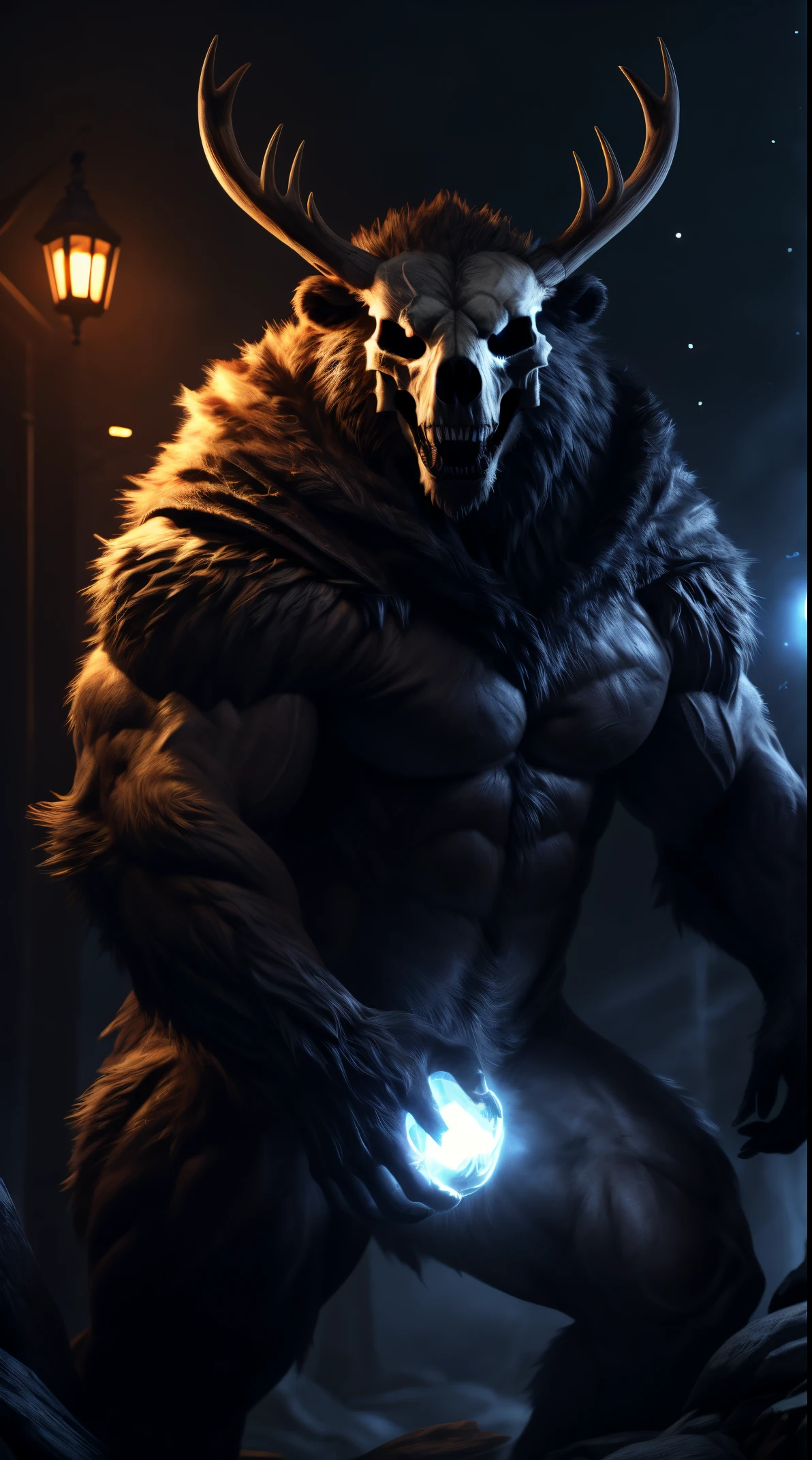 buff monster, muscular, furry body, majestic fur mantle, wendigo skull, elk horns, giant, bear body, threatening, stands menacingly, wide body, illustration, (best quality, 4k, highres, masterpiece:1.2), ultra-detailed, realistic, horror, sharp focus, vivid colors, nighttime lighting,