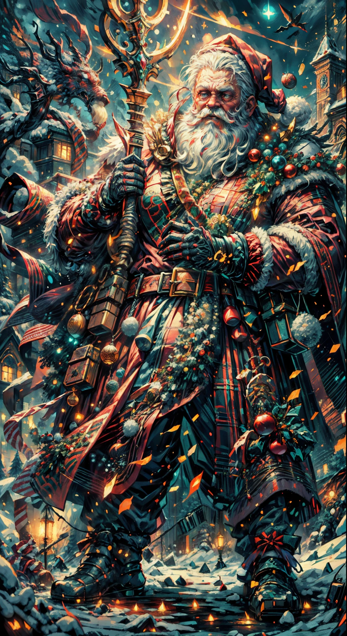 Full body,(a detailed artwork), Santa Claus as boss of game Dark Souls in the Christmas DLC, detailed eyes of Santa Claus, detailed lips of Santa Claus, extremely detailed face and beard, long white beard, muscular body of Santa Claus, wearing gold armor, holding a giant candy cane as a weapon, surrounded by a dark and gloomy environment with glowing Christmas lights, intense boss fight with fiery effects and explosions, high-resolution image (4k, 8k), HDR lighting, realistic portrayal, vibrant colors, atmospheric and ominous feel, intense action-packed scene.