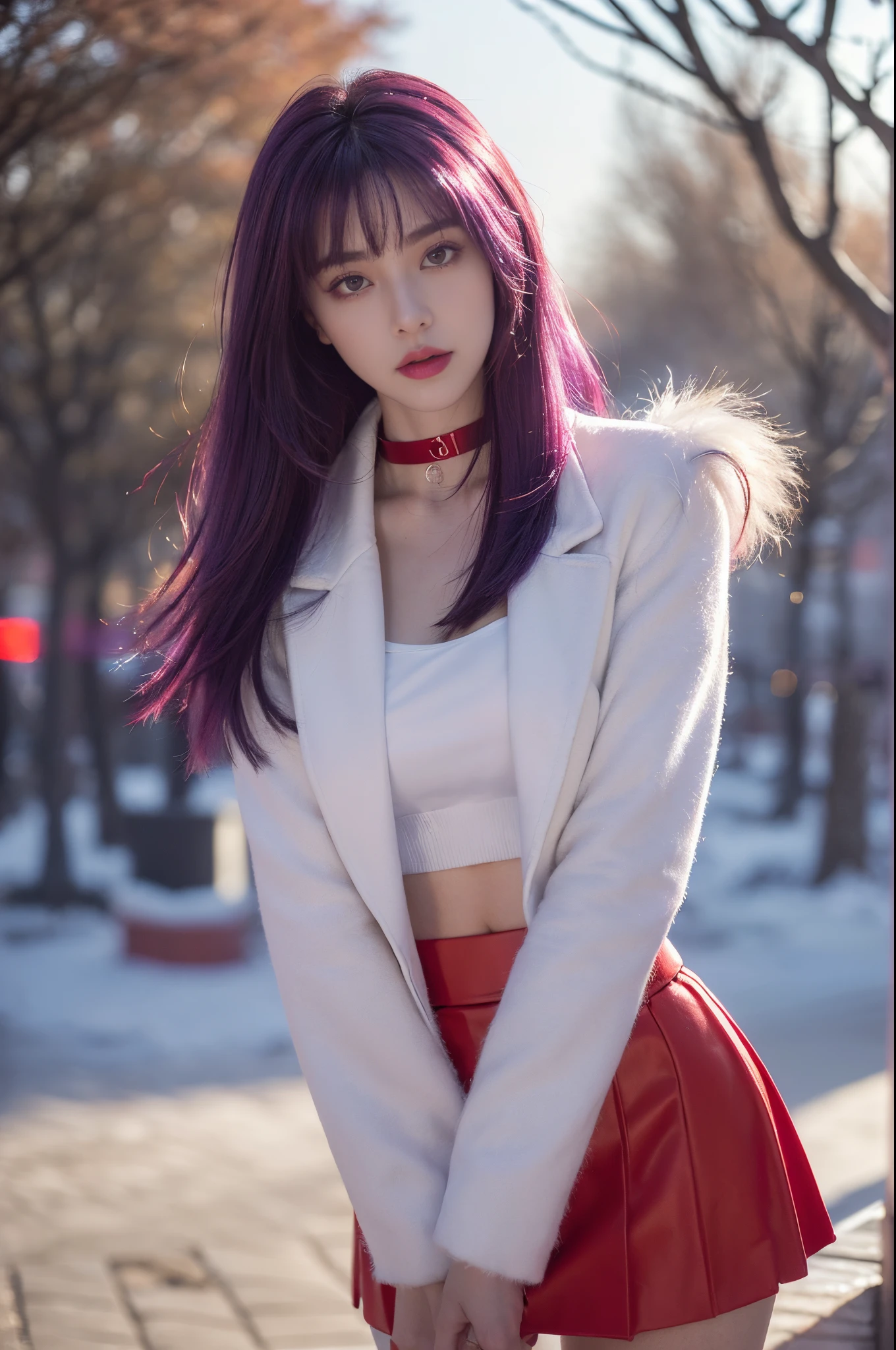 (quality, tmasterpiece,Best quality at best:1.2, tall_settle:1.2,hyper-detailing:1.2,Extreme Quality,Focus sharp,A high resolution, gentlesoftlighting,Best quality at best,ultra - detailed), (1 girl, Alone, asiagirl, Purple colored hair, Colorful hair, heavy makeups, Be red in the face:1.2, (:1.2, Willow waist:1.2)), (full bodyesbian:1.5) (, sexy for, (white furry jacket, Collar, choker necklace, ((Chopping:1.2, )), ((Short red skirt:1.2)), jewely, (Permanent, (view over city, the street, The tree, Winters, dust), dream-like, (beautiful light up:1.2),