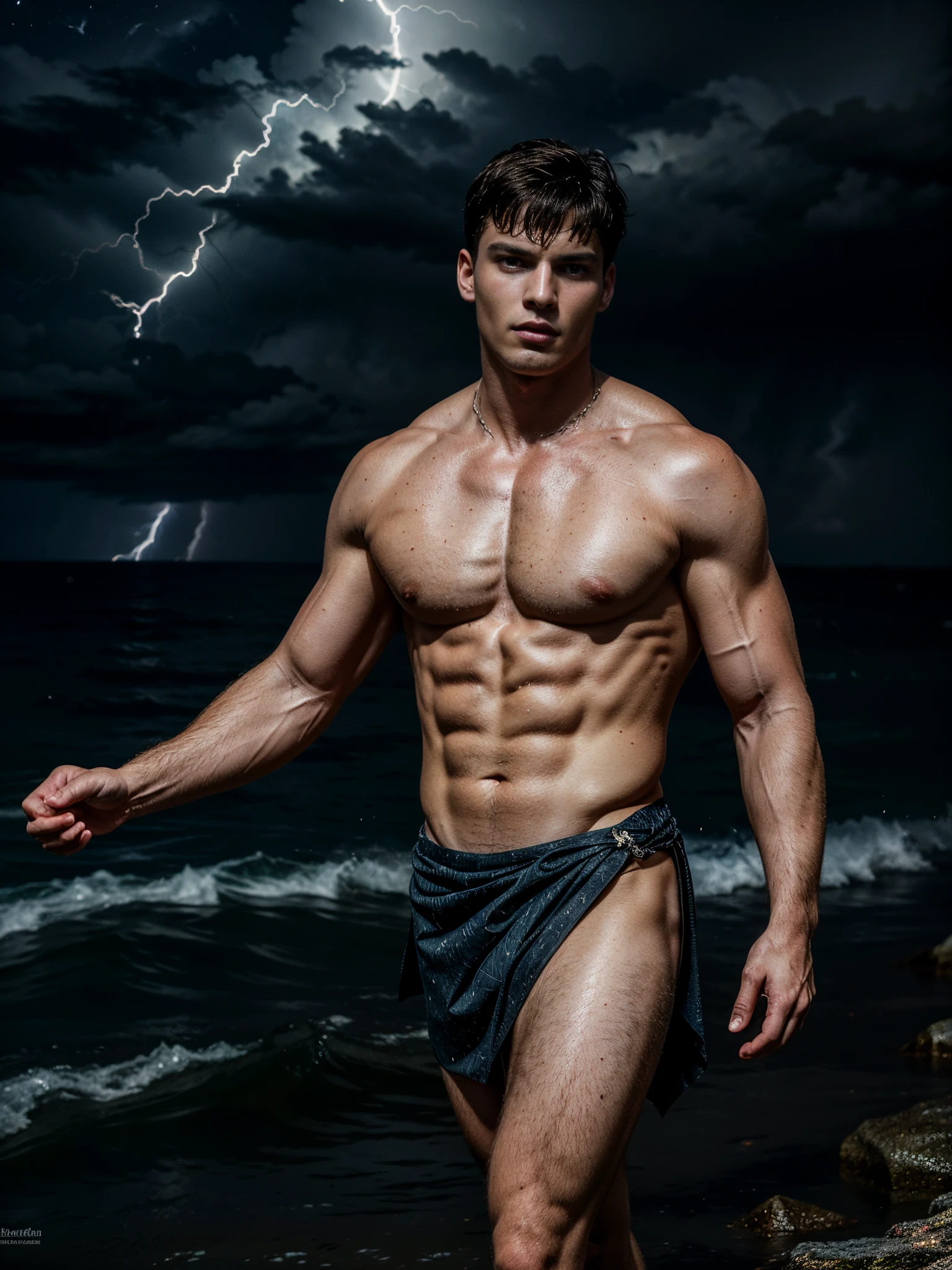 ((masterpiece)),((best quality)),8k, high detailed, ultra-detailed, Stylish Pose, real skin texture, dark cinematic lighting, 18-year-old italian male model, handsome, cute looking, divine look, powerful light blue eyes, Poseidon god, god of the seas, Neptune, godly, water separation, controlling the seas, holding his trident, white pale skin, roman god physic intense blue eyes, short brown messy hair, strong jawline, masculine, muscular, defined fit body, hairless chest, shirtless, pantless, walking towards the camera, sinister aesthetic, black storm clouds, lightning clouds, isolated beach, deep blue ocean waves, (night dark storm:1.6), barelegged, barefoot, antique spartan loincloth with fish scales, white antique draped cloth skirt with fish scales, chain belt,,,, dim light, dark atmosphere, cinematic lighting, Depth of field, award-winning photography, elegant, hyperrealistic, octane render, unreal, high definition, 8k resolution, highly detailed, 8k uhd, professional lighting, photon mapping, radiosity, physically-based rendering