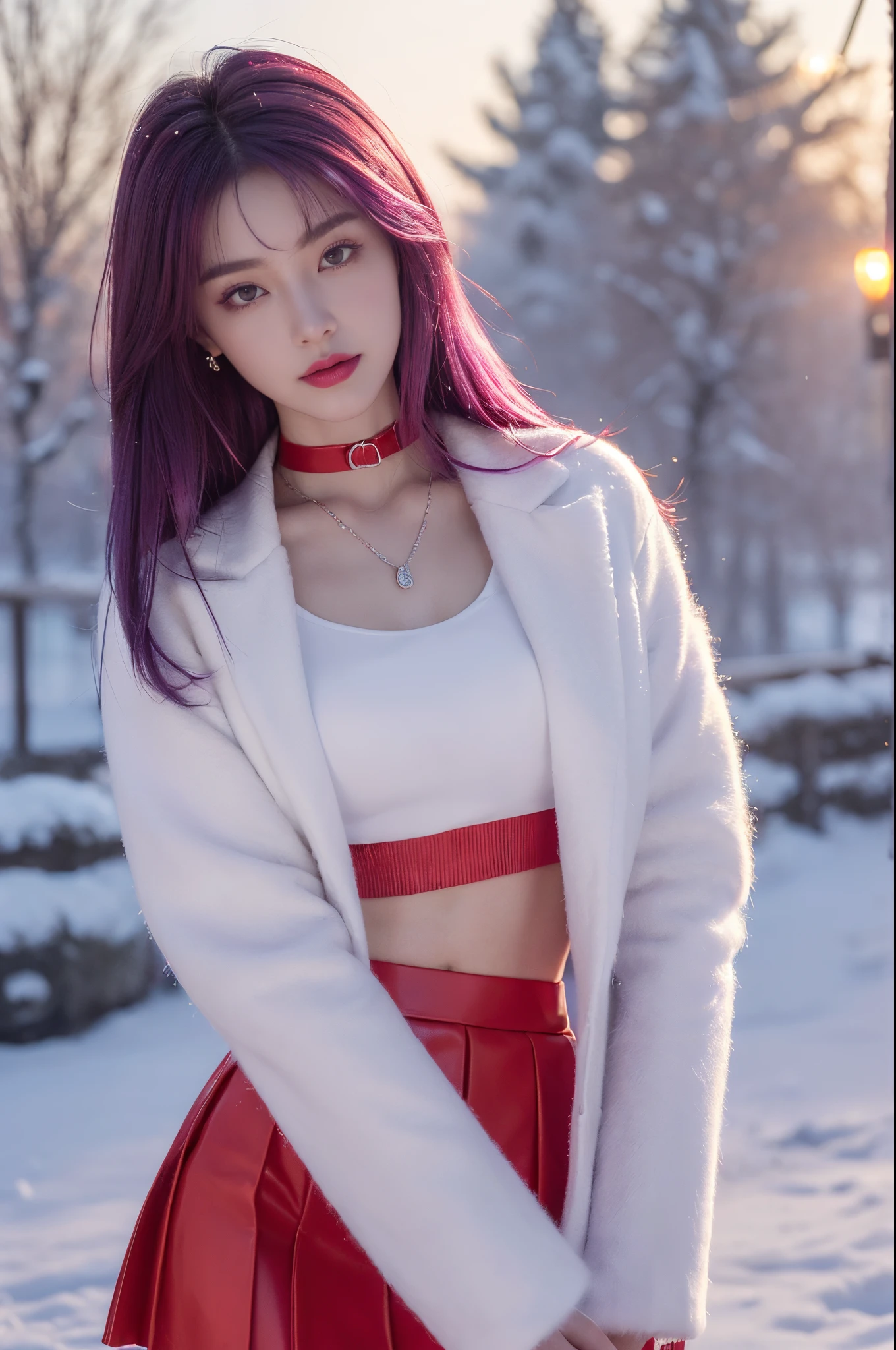 (quality, tmasterpiece,Best quality at best:1.2, tall_settle:1.2,hyper-detailing:1.2,Extreme Quality,Focus sharp,A high resolution, gentlesoftlighting,Best quality at best,ultra - detailed), (1 girl, Alone, asiagirl, Purple colored hair, Colorful hair, heavy makeups, Be red in the face:1.2, (:1.2, Willow waist:1.2)), (full bodyesbian:1.5) (, sexy for, (white furry jacket, Collar, choker necklace, ((Chopping:1.2, )), ((Short red skirt:1.2)), jewely, (Permanent, (view over city, the street, The tree, Winters, dust), dream-like, (beautiful light up:1.2),