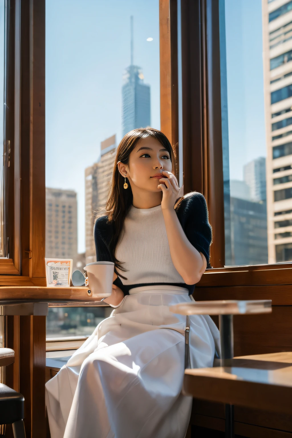 high-definition images, atmospheric perspective, 8k, super detail, accurate, best quality, angle from below, a woman, drooping eyes, sleepy face, blush, in the city, she has a plastic bag, food track, busy, skyscrapers, snowing, (white breath), (long skirt), thick tights, high boots, shoulder bag, mittens, tiny earrings, coffee shop with large windows overlooking the street, takes a seat,