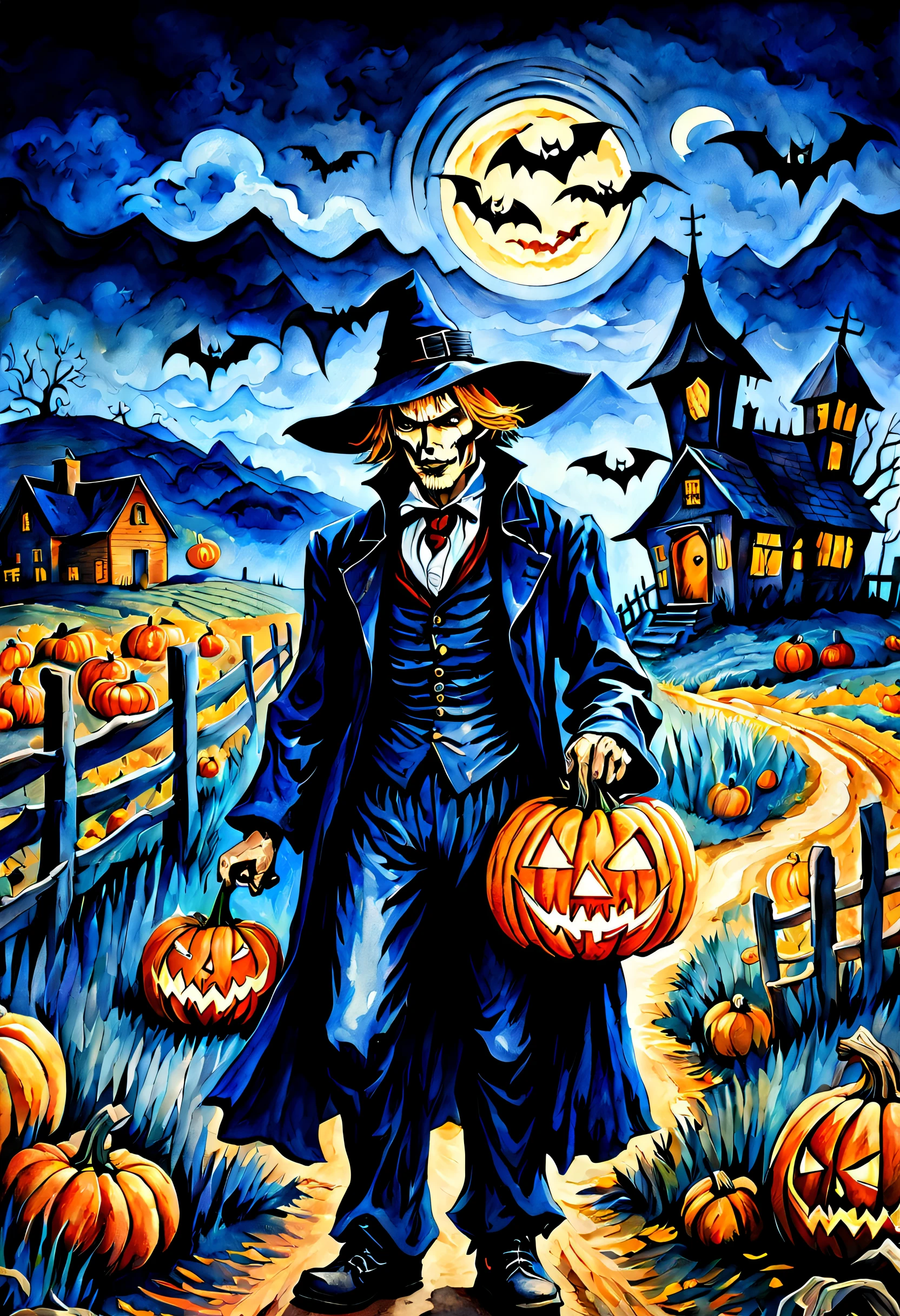 dark blue fantasy landscape, pumpkin lantern, Vampires, the scarecrow, peasant, Van Gogh style, aquarelle, Hot topics on artstation, Focus sharp, studio photo, Complicated details, The content is very detailed, author:Greg Rutkoski