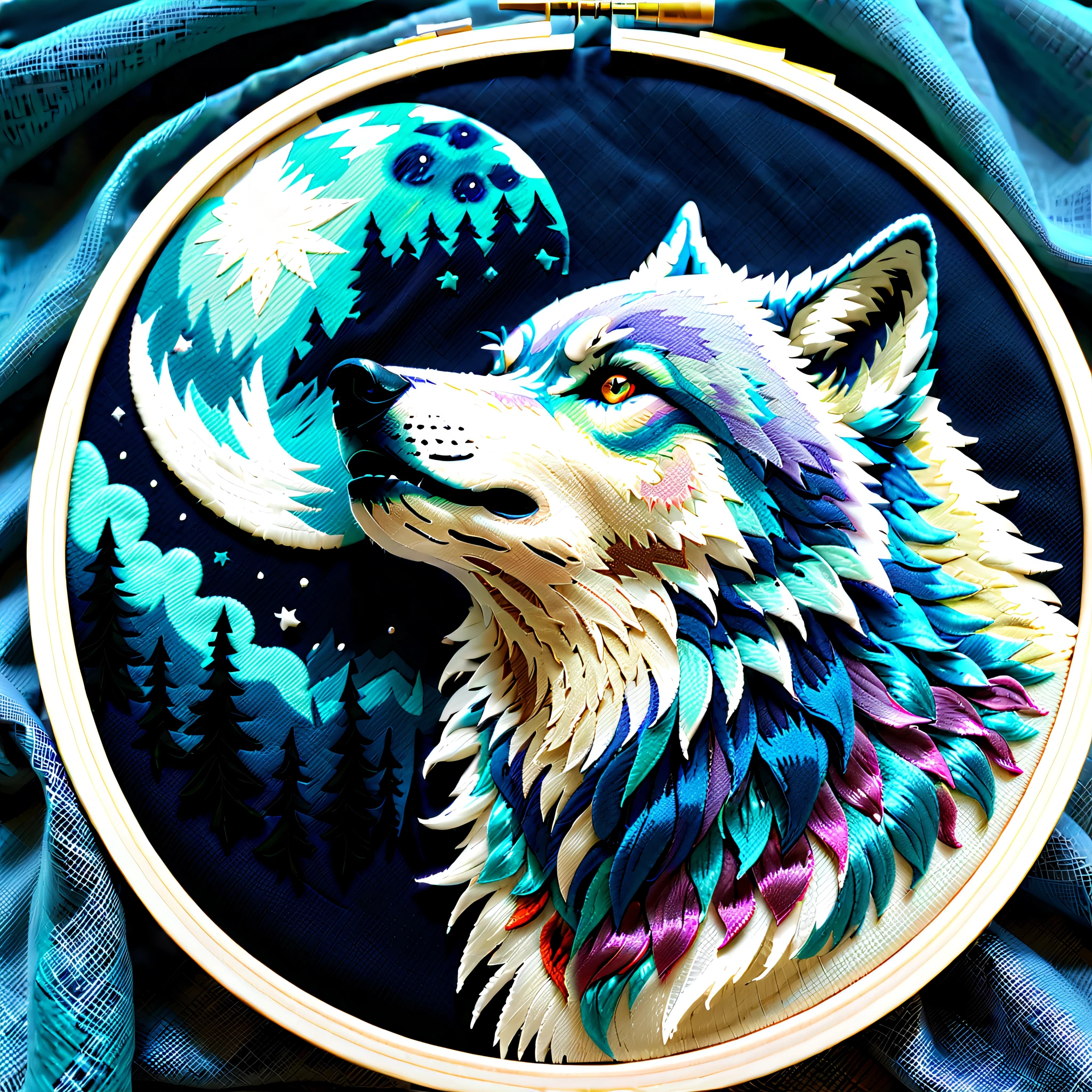 (((Beautiful fabric embroidery art:1.3))), (((Detailed embroidered wolf howl like a movie:1.3))), Super realistic fabric embroidery, Embroidery inspired by dark fantasy, A night of mystery and fantasy, embroidery with intricate details, hightquality, Highest Quality, (((top quality embroidery art:1.3))), (((Emphasize the texture of the thread:1.3))), (((embroidery texture:1.3))),