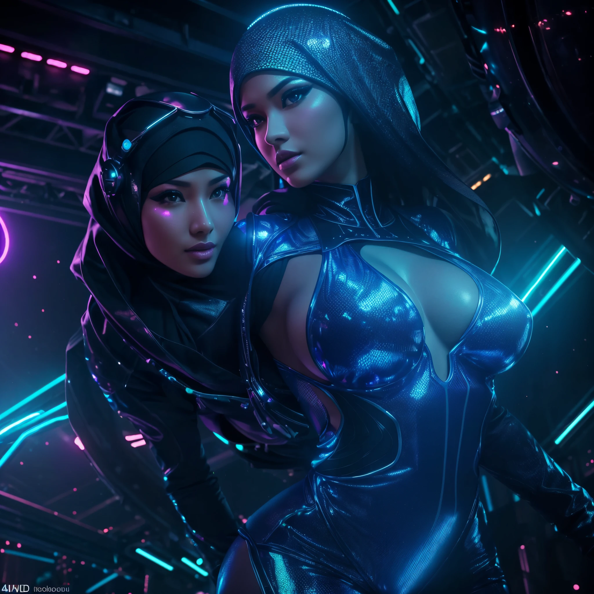 A malaysian scifi princess,age 40, hijab, lovely face, naked body, athletic build, huge (fff) breasts, wide hips, seducing the viewer,scifi neon lit nightclub,stage acting seductive,crowd cheering aliens,(best quality,4k,8k,highres,masterpiece:1.2),ultra-detailed,(realistic,photorealistic,photo-realistic:1.37),HDR,UHD,studio lighting,extremely detailed eyes,beautiful detailed lips,vivid colors,portraits,sharp focus,physically-based rendering,professional,bokeh,electric blue lighting,extraterrestrial creatures,nightclub environment,alluring stage costume,dazzling holographic effects.