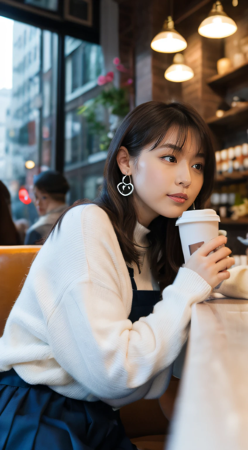 high-definition images, atmospheric perspective, 8k, super detail, accurate, best quality, angle from below, a woman, drooping eyes, sleepy face, blush, in the city, she has a plastic bag, food track, busy, skyscrapers, snowing, (white breath), (long skirt), thick tights, high boots, shoulder bag, mittens, tiny earrings, coffee shop with large windows overlooking the street, takes a seat,