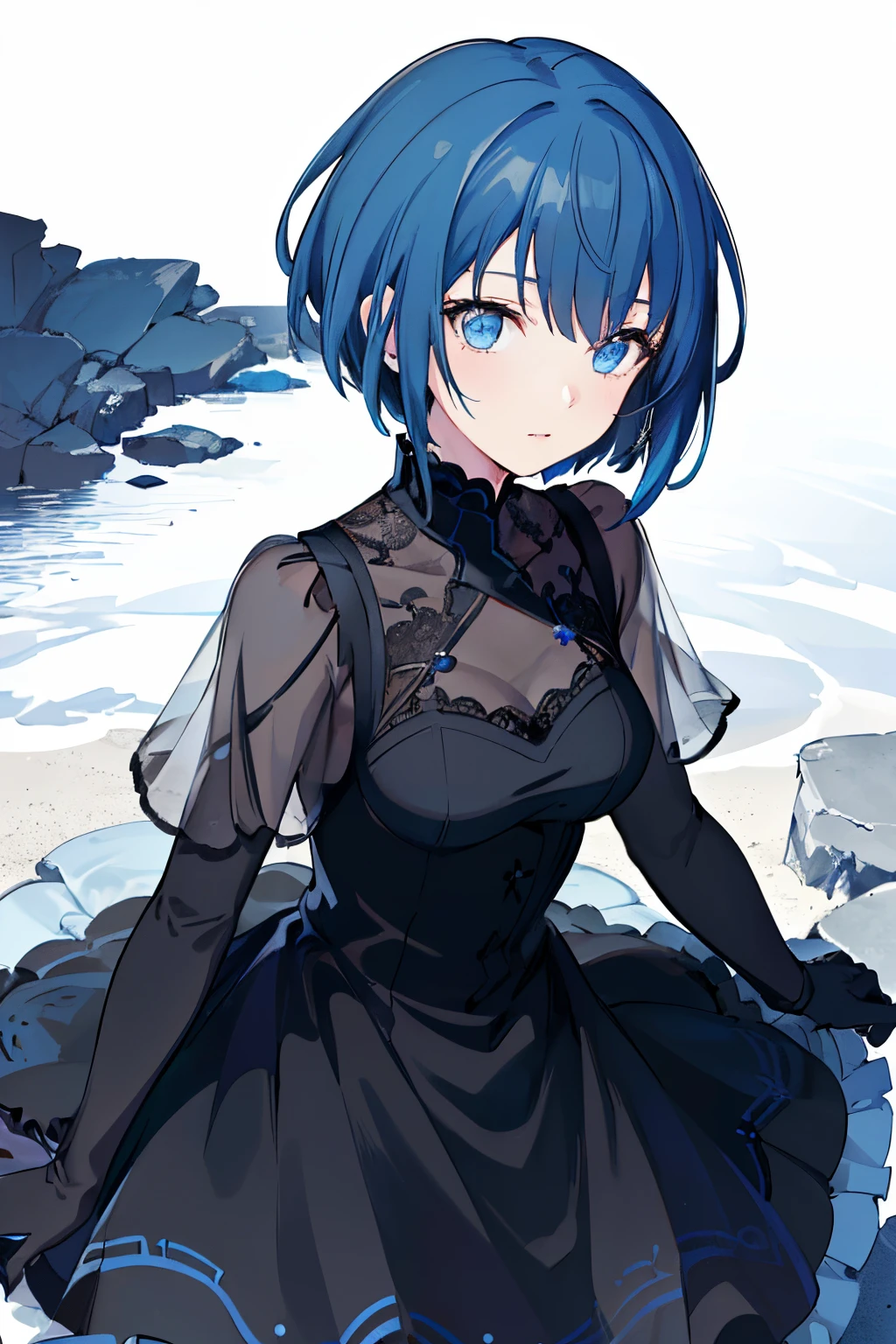 (8K, Best quality at best, tmasterpiece:1.2),\(Eyes detailed\),\(facial feature\),(\(clothes details details body lesbian,(surface focus) ,Very detailed CG unified 8k wallpaper,hugefilesize,ultra - detailed,A high resolution,Dramatic shadows,dramatic angles,hyper-detailing,(1 girl:1.3),(Alone),岁,Haruka Kiritani,(/Blue hair/),Short hair details,(Sister head:1.32),shinning eyes,(There is no feeling:1.25),[doll-joints:1.2],gothic clothing,Straight dress,Long black lace gloves.dark gray,blue escurro, (Heavy monochrome:1.16),(depth of fields:1.4).ruins as background