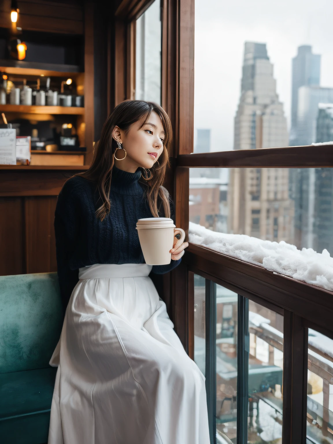 high-definition images, atmospheric perspective, 8k, super detail, accurate, best quality, angle from below, a woman, drooping eyes, sleepy face, blush, in the city, she has a plastic bag, food track, busy, skyscrapers, snowing, (white breath), (long skirt), thick tights, high boots, shoulder bag, mittens, tiny earrings, coffee shop with large windows overlooking the street, takes a seat,