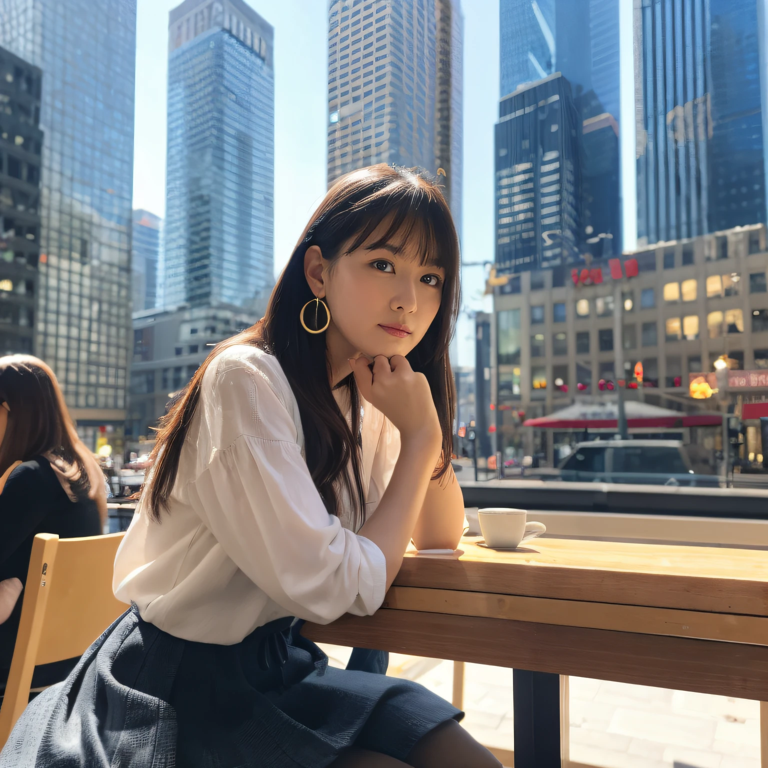high-definition images, atmospheric perspective, 8k, super detail, accurate, best quality, angle from below, a woman, drooping eyes, sleepy face, blush, in the city, she has a plastic bag, food track, busy, skyscrapers, snowing, (white breath), (long skirt), thick tights, high boots, shoulder bag, mittens, tiny earrings, coffee shop with large windows overlooking the street, takes a seat,