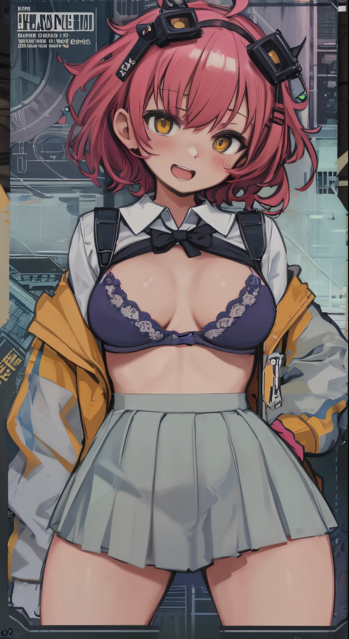 (Perfect body),Best Quality, K、NSFW、(((((Lori)))))、((((Short stature))))、blush、(V-shaped eyebrows)、:D、embarrassed from、((((Short hair))))、(hair messy)、waved hair、Ahoge、(Yellow eyes),((A pink-haired))、Yellow goggles on the head、yellow lean hair clip、(((School uniform)))、(White knee socks)、(Pink gloves)、Yellow jacket、((light blue night bra、bulging chest))、(((thick thighs)))、spreading legs、Armpits、Electronic space、