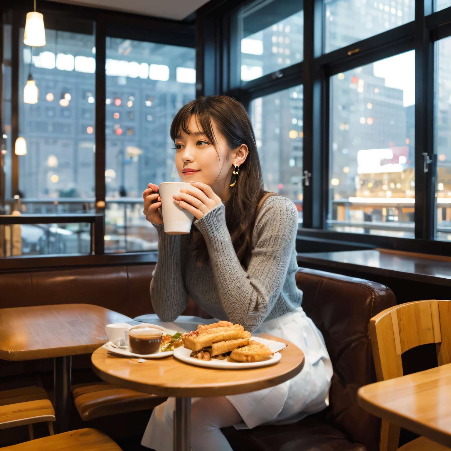 high-definition images, atmospheric perspective, 8k, super detail, accurate, best quality, angle from below, a woman, drooping eyes, sleepy face, blush, in the city, she has a plastic bag, food track, busy, skyscrapers, snowing, (white breath), (long skirt), thick tights, high boots, shoulder bag, mittens, tiny earrings, coffee shop with large windows overlooking the street, takes a seat,