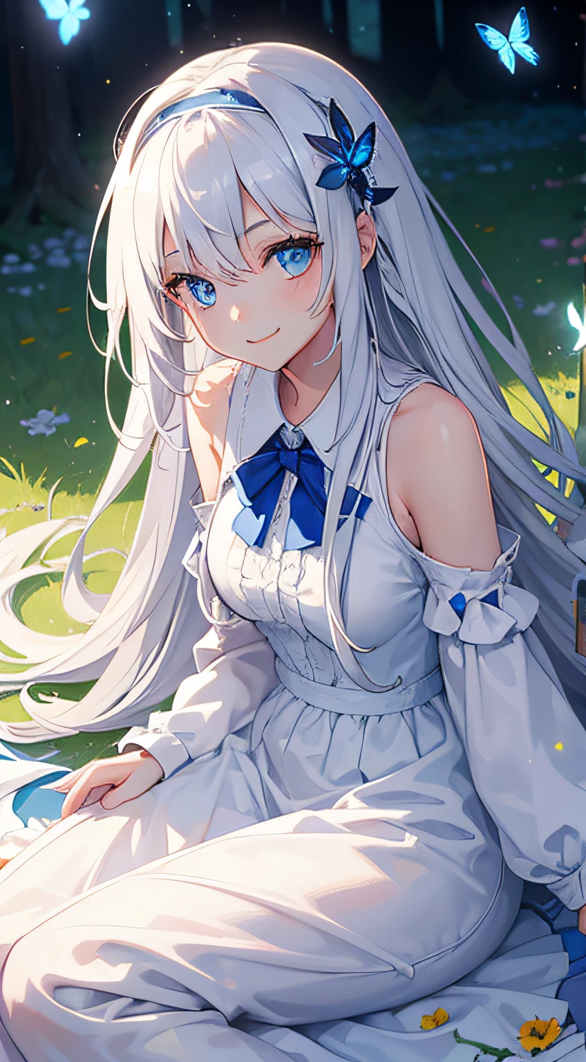 1girl, long silver hair, blue eyes, smiling, looking at viewer, wearing white dress shirt, headband on her head, bowtie, laying on the grass, butterflies, masterpiece, 8K, warm lighting, perfect clothes, perfect anatomy, perfect eyes, perfect face, sharp resolution, face closeup