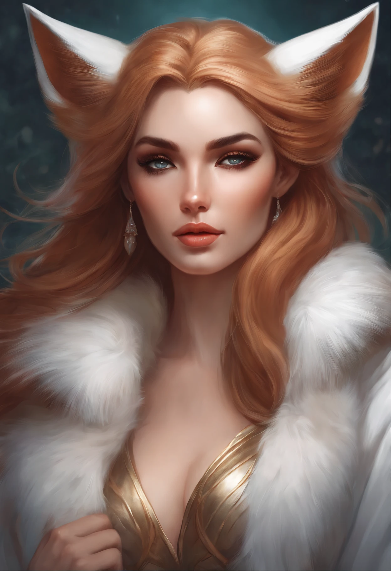 Close-up of a woman with a fox head and fur collar, fantasy concept art portrait, a beautiful fox lady, portrait of an elf queen, artgerm portrait, Drawn in artgerm style, artgerm detailed, alexandra fomina artstation, style artgerm, portrait of Ahri, aly fell and artgerm