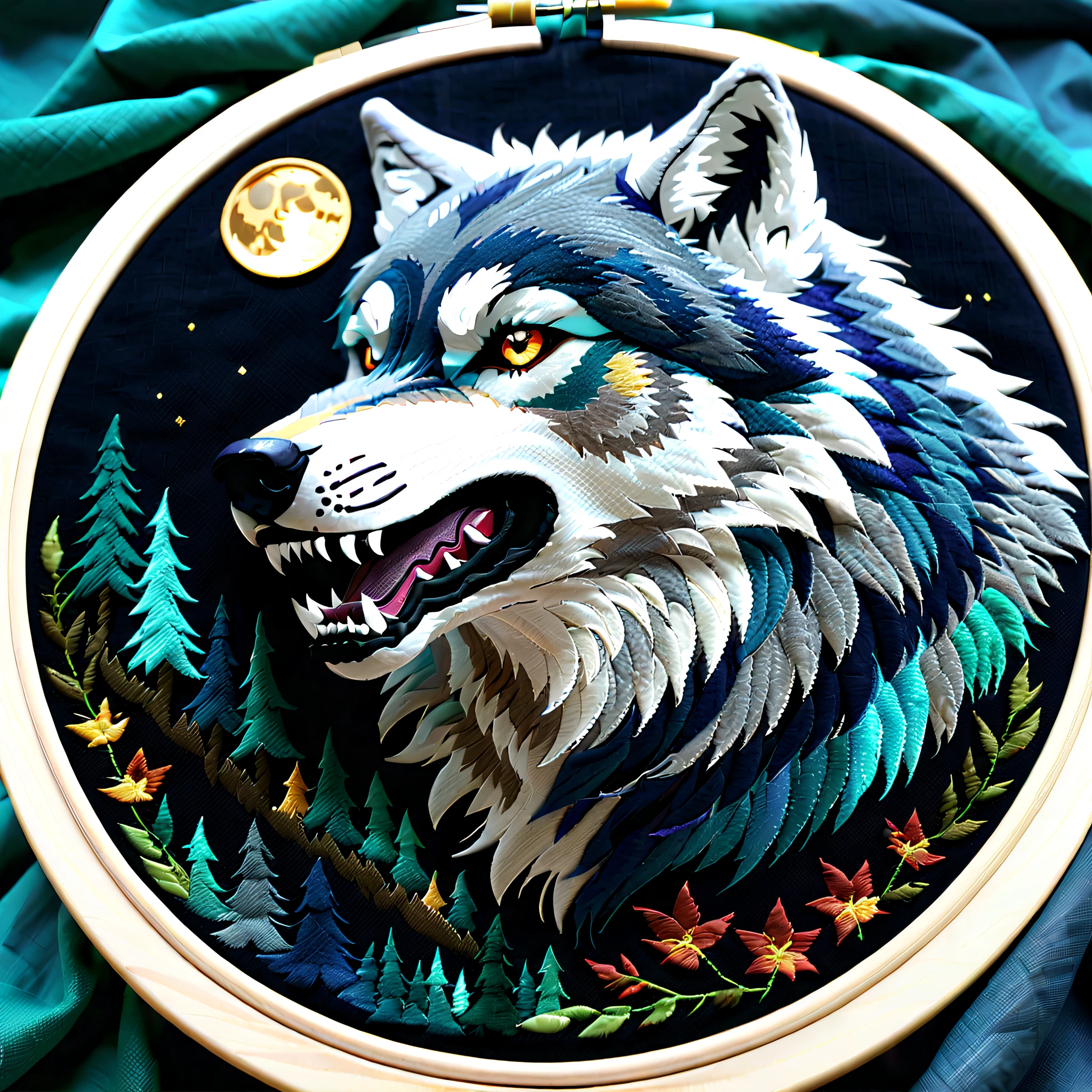 (((Beautiful fabric embroidery art:1.3))), (((Detailed embroidered wolf howl like a movie:1.3))), Super realistic fabric embroidery, Embroidery inspired by dark fantasy, A night of mystery and fantasy, embroidery with intricate details, hightquality, Highest Quality, (((top quality embroidery art:1.3))), (((Emphasize the texture of the thread:1.3))), (((embroidery texture:1.3))),