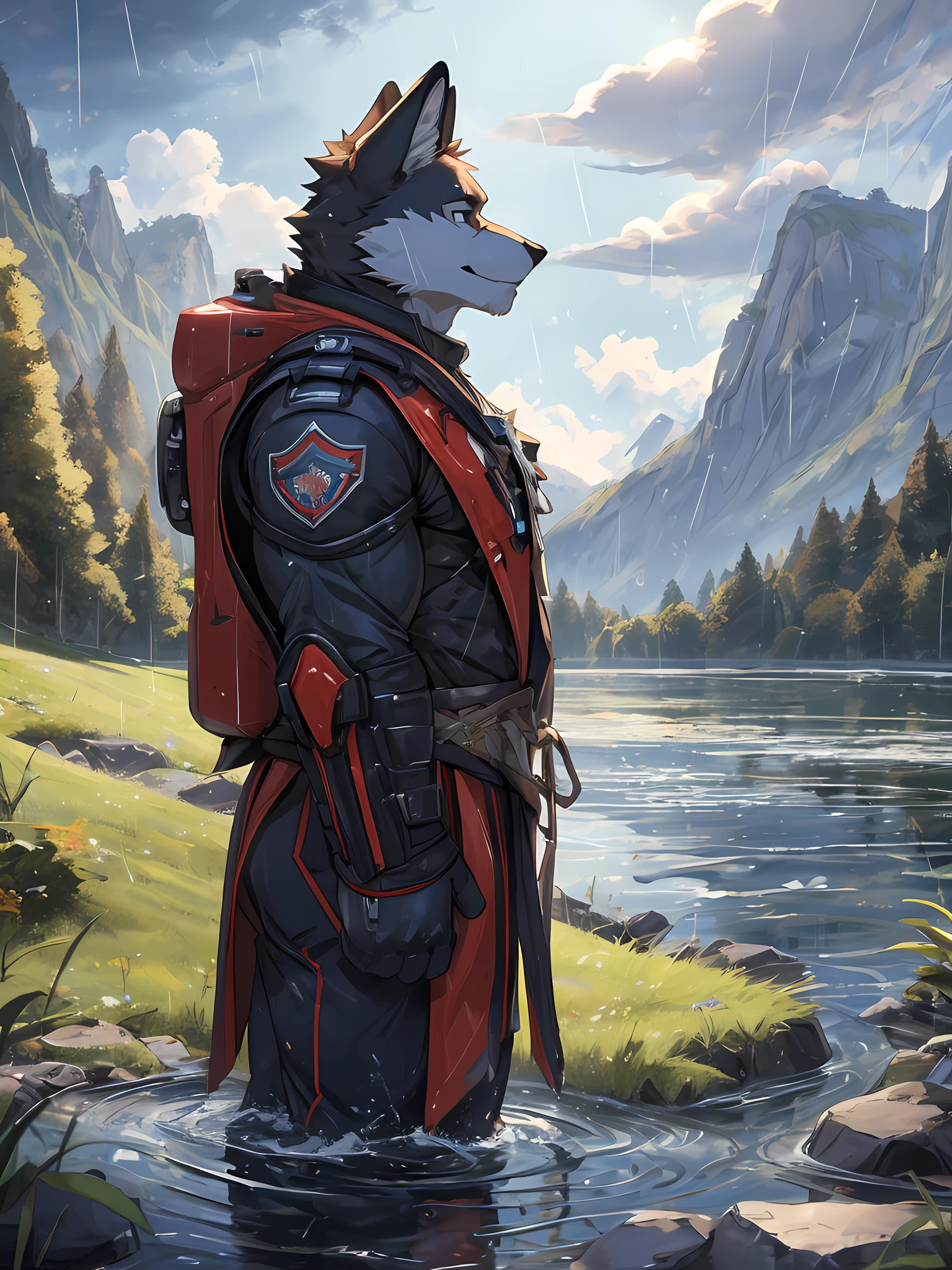 furry,bara,White fox,masculine,standing in the middle of the lake,Look up at the sky.,There were tears coming out..,A gloomy face..,The water was at waist level..,yam'Heavy rain.,(((Highly detailed images,HDR,10)))(((Side View)))