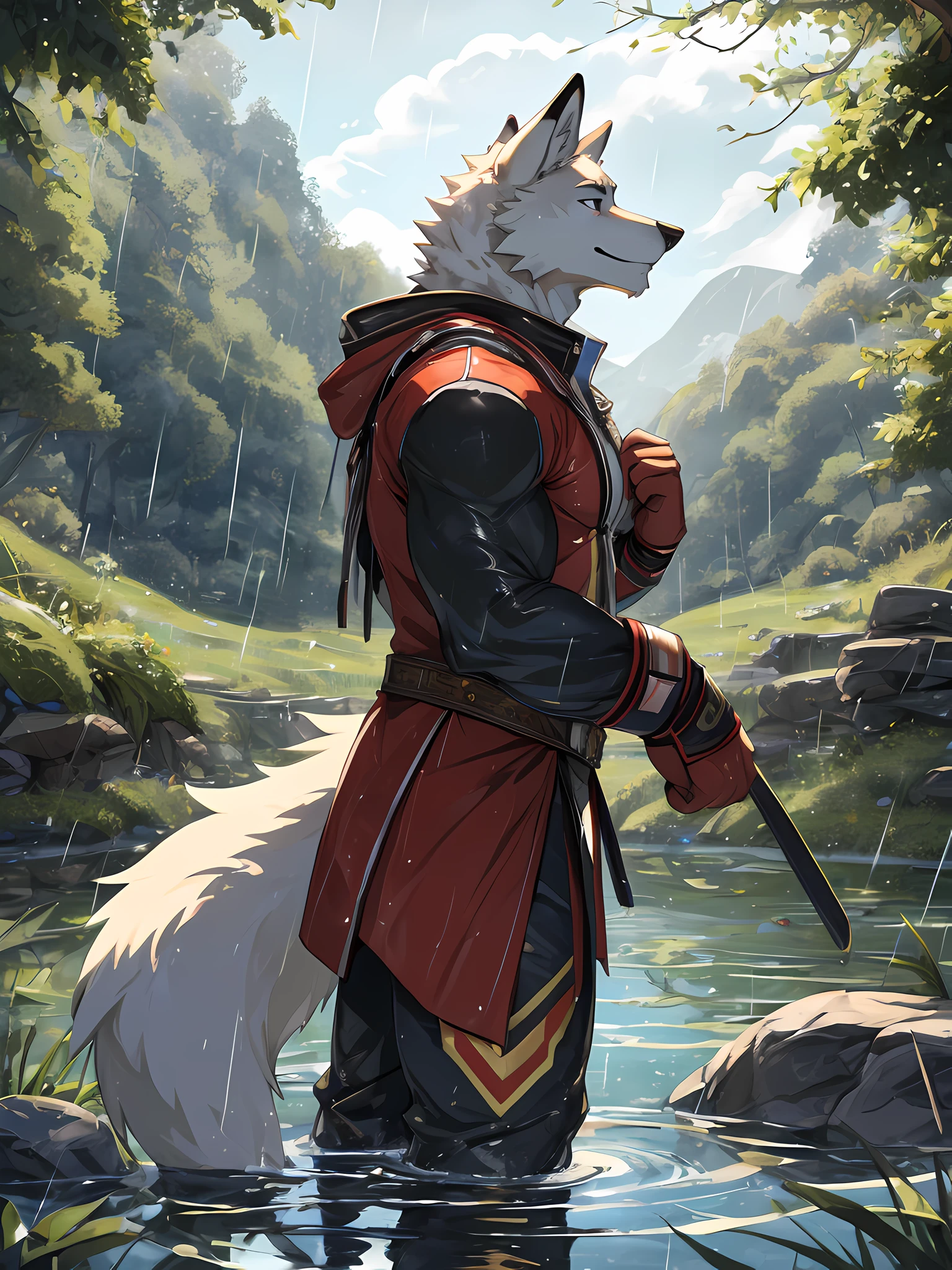 furry,bara,White fox,masculine,standing in the middle of the lake,Look up at the sky.,There were tears coming out..,The corpse was half submerged in the water..,yam'Heavy rain.,(((Highly detailed images,HDR,10)))(((Side View)))