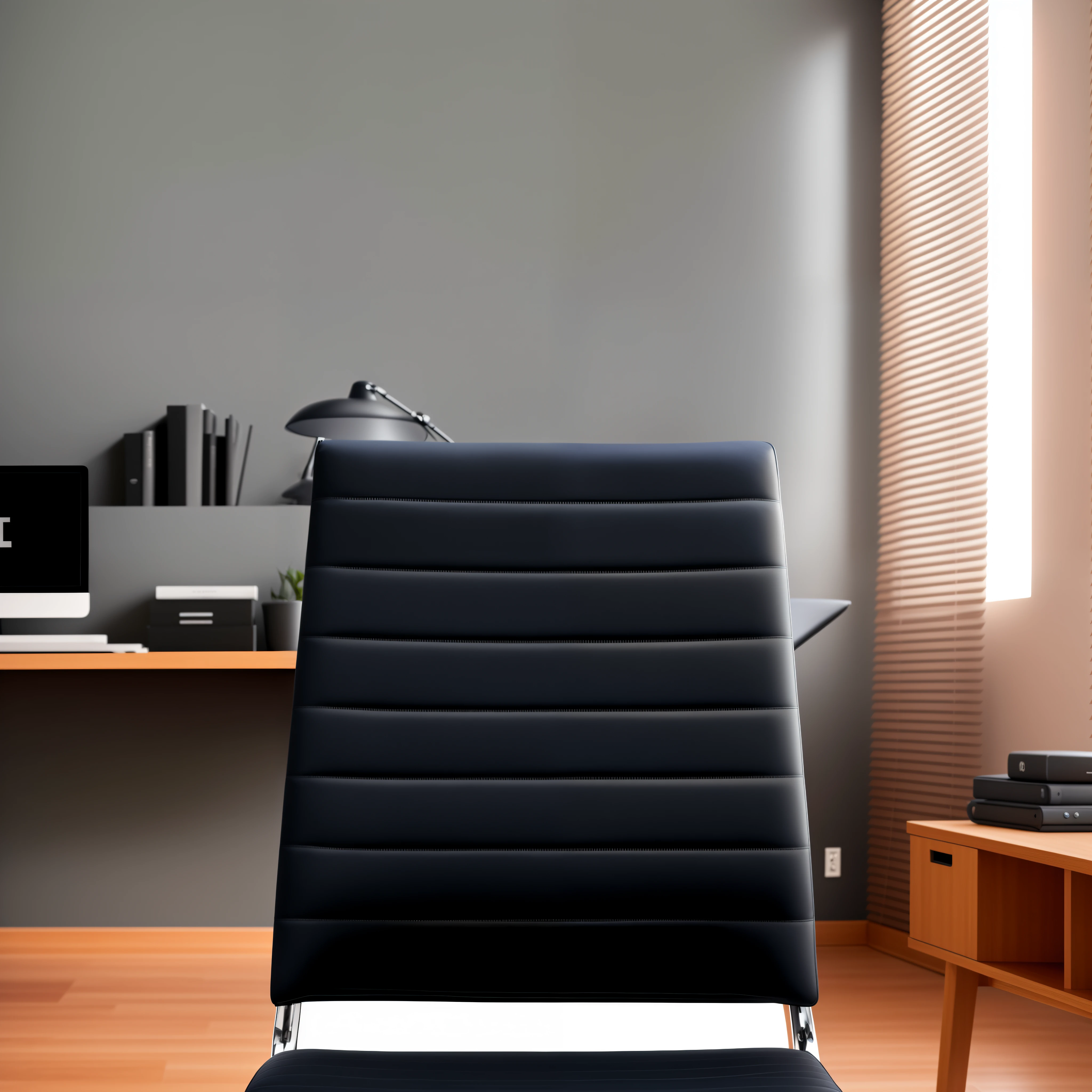A dark navy chair sitting in front of the desk, home office interior, black chair, black furniture, personal room background, minimalist home office, smooth curve design, placed in the living room, wide portrait, sitting on designer chair, apartment with walls Green, tall and imposing console, detailed image, gaming chair, office room interior