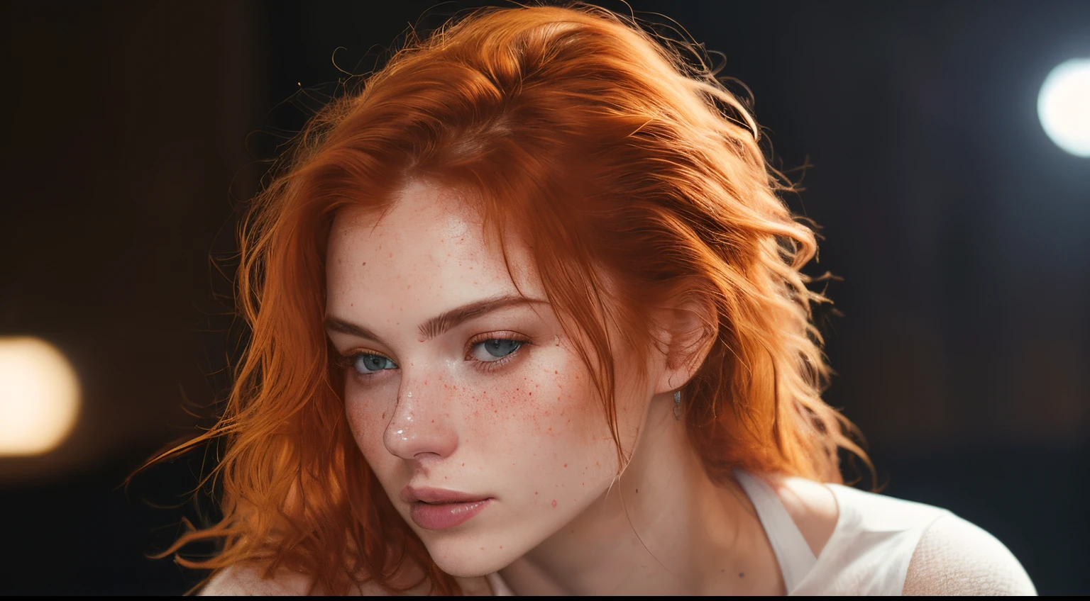 a photo of a seductive woman with loose styled (redhead hair:1.1), enjoyed, in club, she is wearing a white shirt, no makeup, (textured skin, skin pores:1.1), (moles:0.8), imperfect skin, goosebumps, flawless face, (light freckles:0.9), (sun-kissed:1.1), ((photorealistic):1.1), (raw, 8k:1.3),