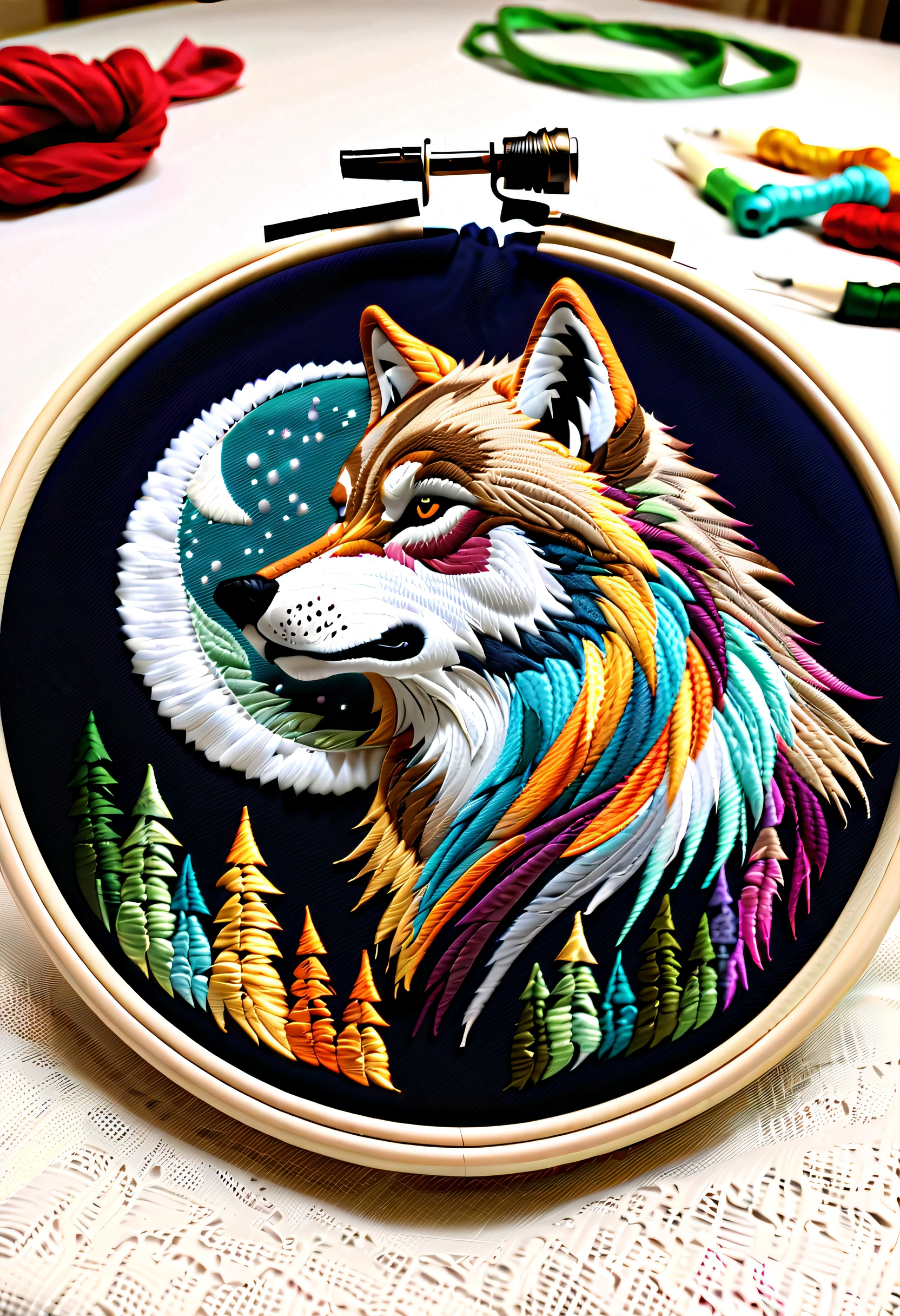 (((Beautiful fabric embroidery art:1.3))), (((Detailed embroidered wolf howl like a movie:1.3))), Super realistic fabric embroidery, Embroidery inspired by dark fantasy, A night of mystery and fantasy, embroidery with intricate details, hightquality, Highest Quality, (((top quality embroidery art:1.3))), (((Emphasize the texture of the thread:1.3))), (((embroidery texture:1.3))),