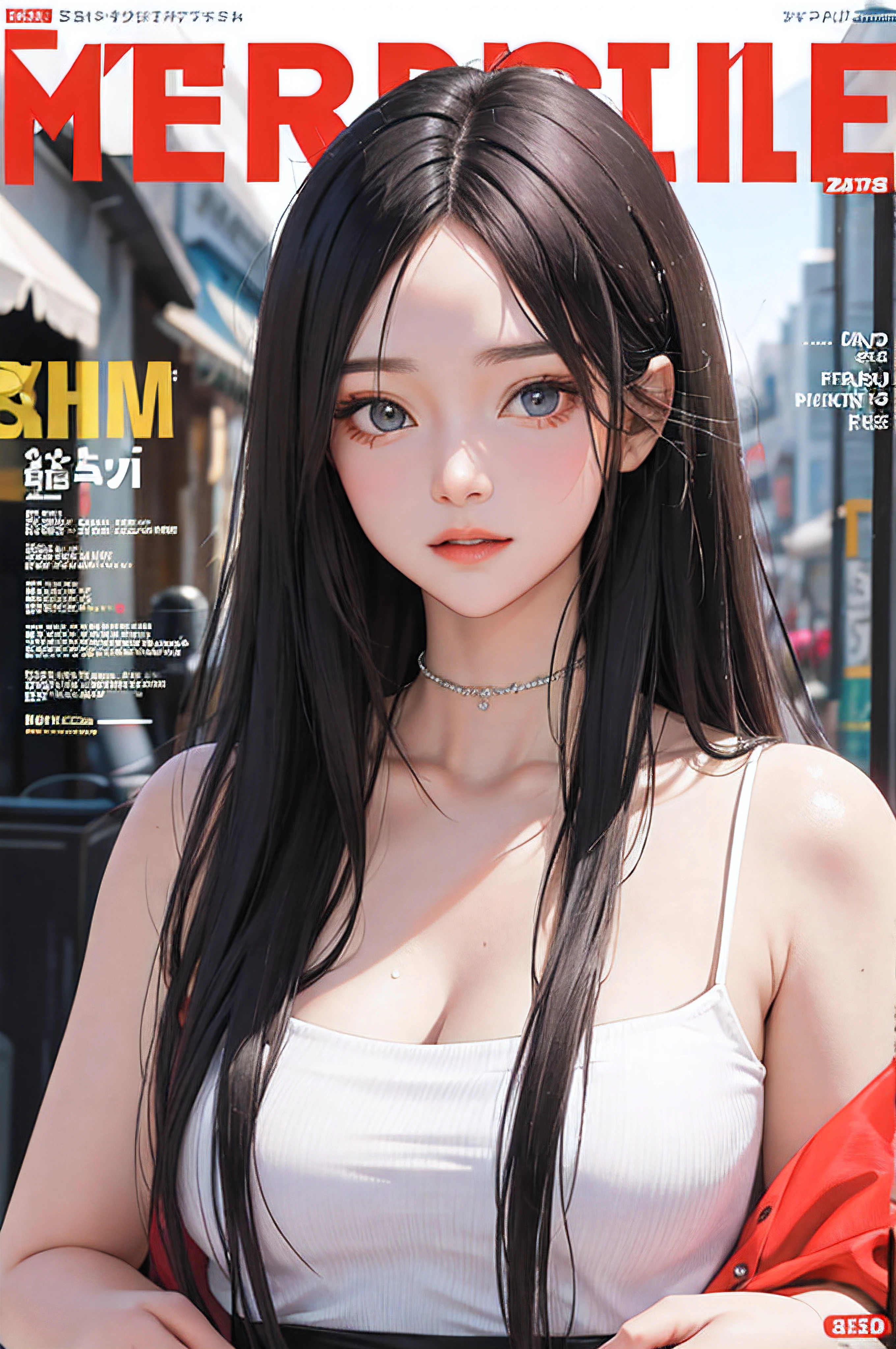masterpiece, best quality, spring outfit, colorful hair, outdoor, magazine cover ,upper body,